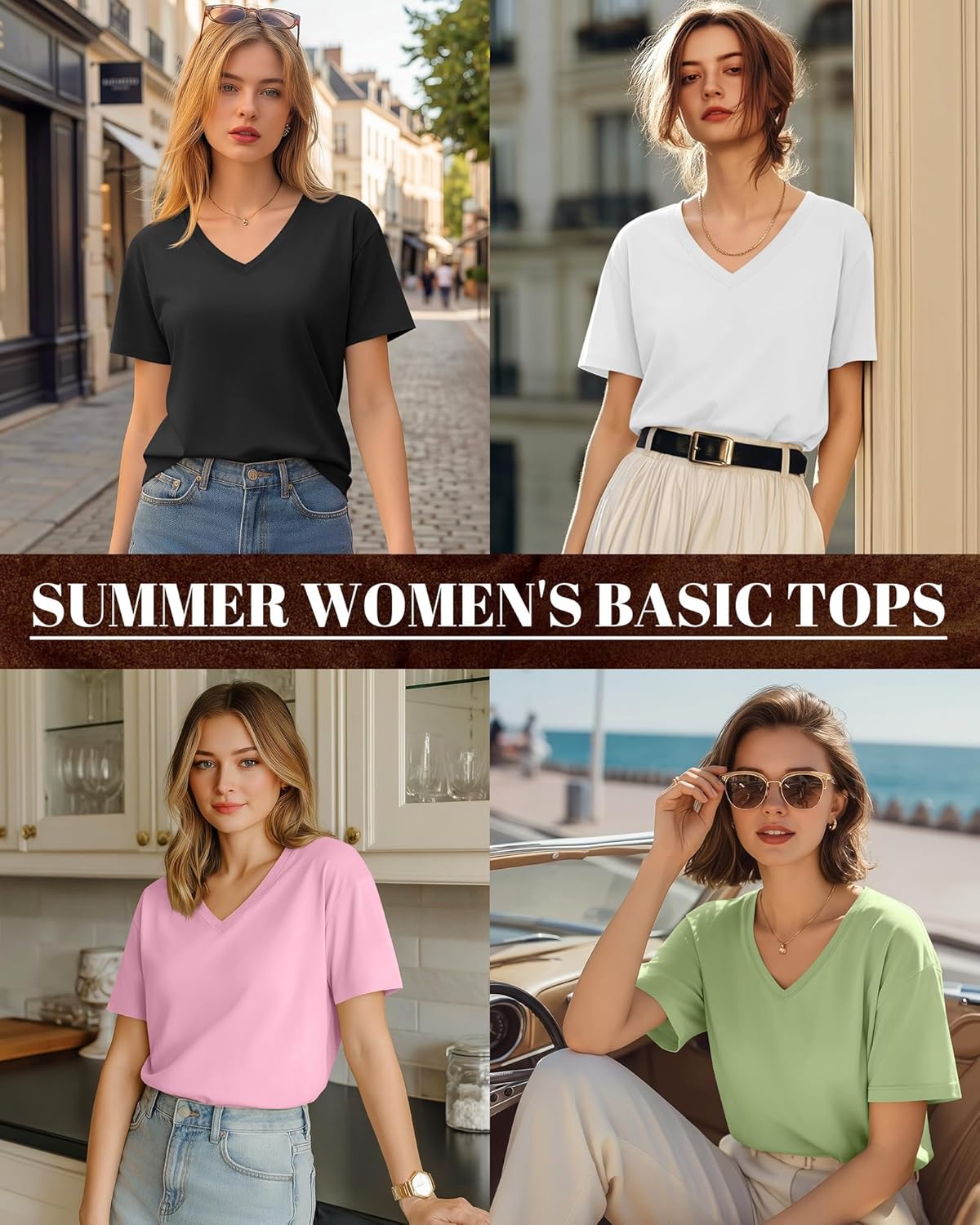 Huukeay Womens 5 Pack V Neck Basic Tees Comfortable Casual Short Sleeve T Shirts Solid Color Tops for Summer Flat Hem - Image 2