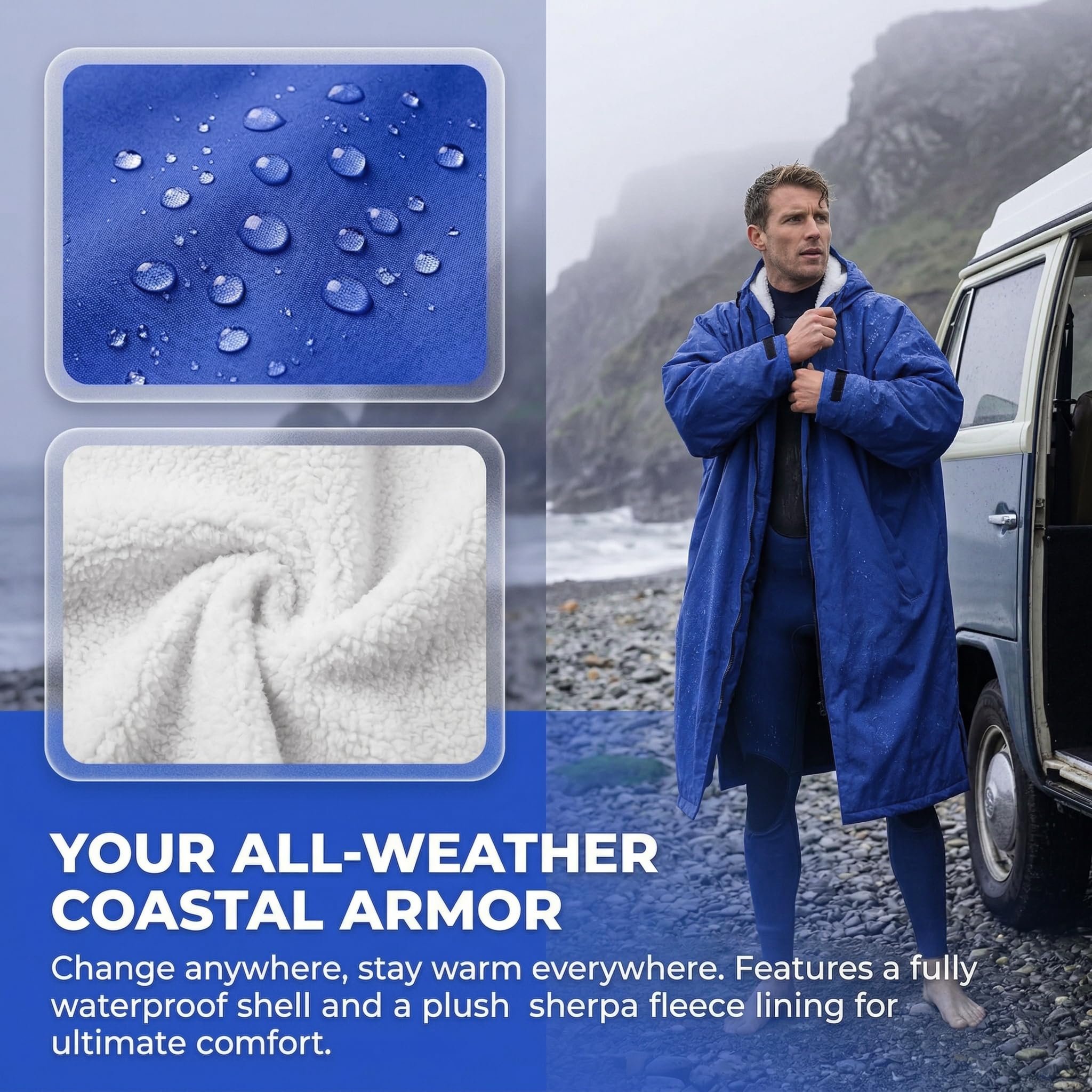 Catalonia Parka de natación para hombres y mujeres, chaqueta de surf impermeable de gran tamaño, abrigo cálido con forro de sherpa, bata de poncho cambiante