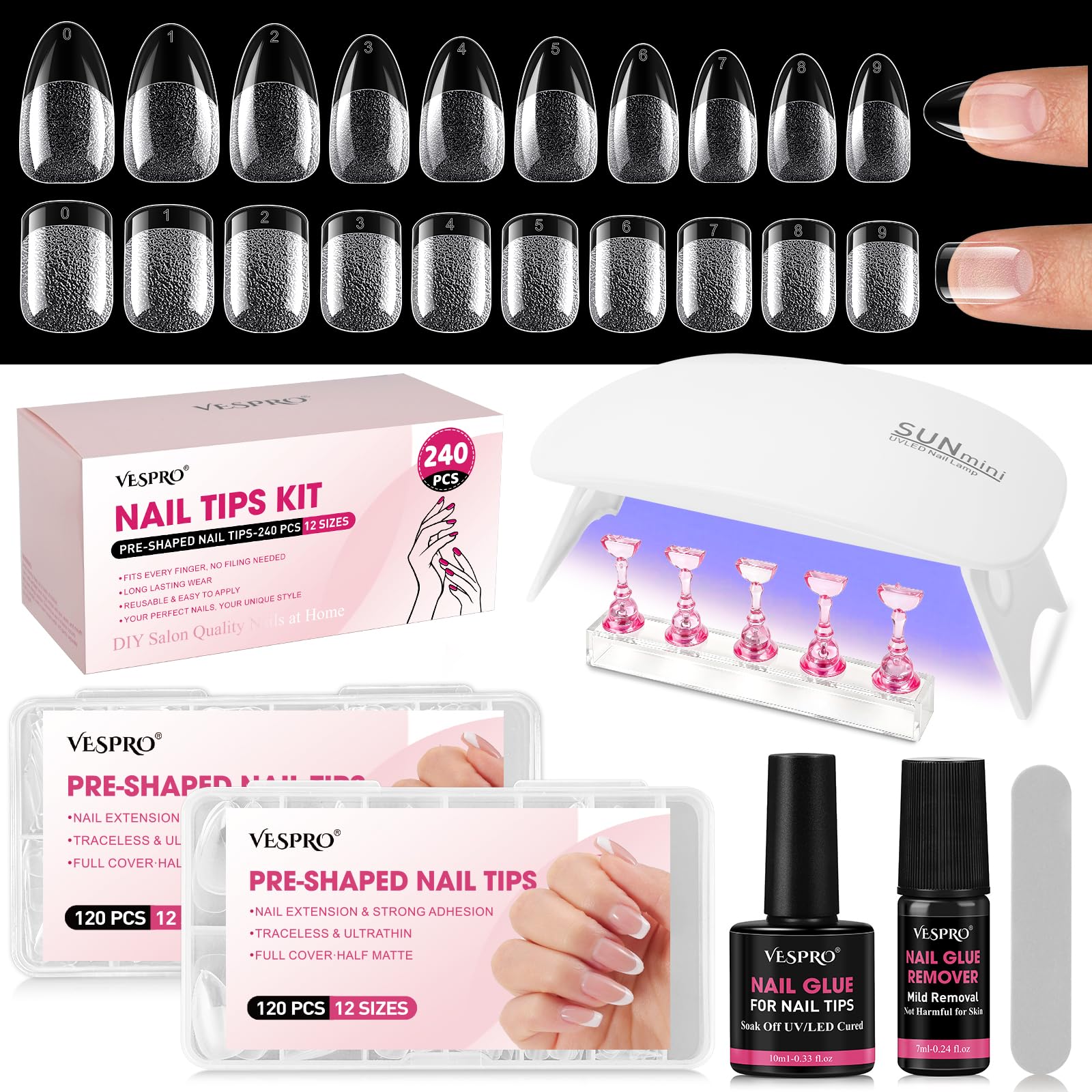 Full Cover Acrylic Nail Tips with Glue,240Pcs Almond & Square Nail Tips Kit