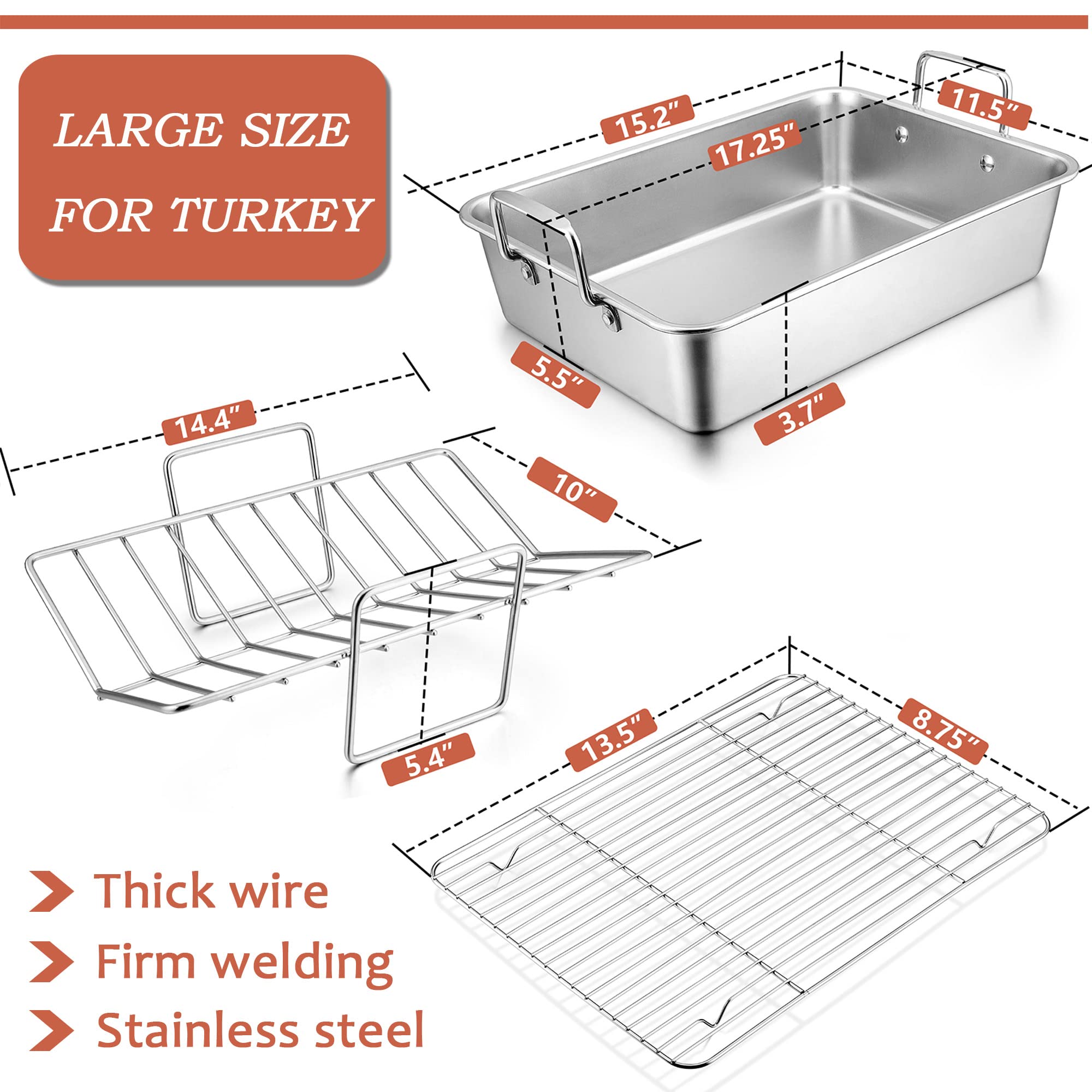 LIANYU Roasting Pan with Rack, 15 Inch Stainless Steel Turkey Roaster