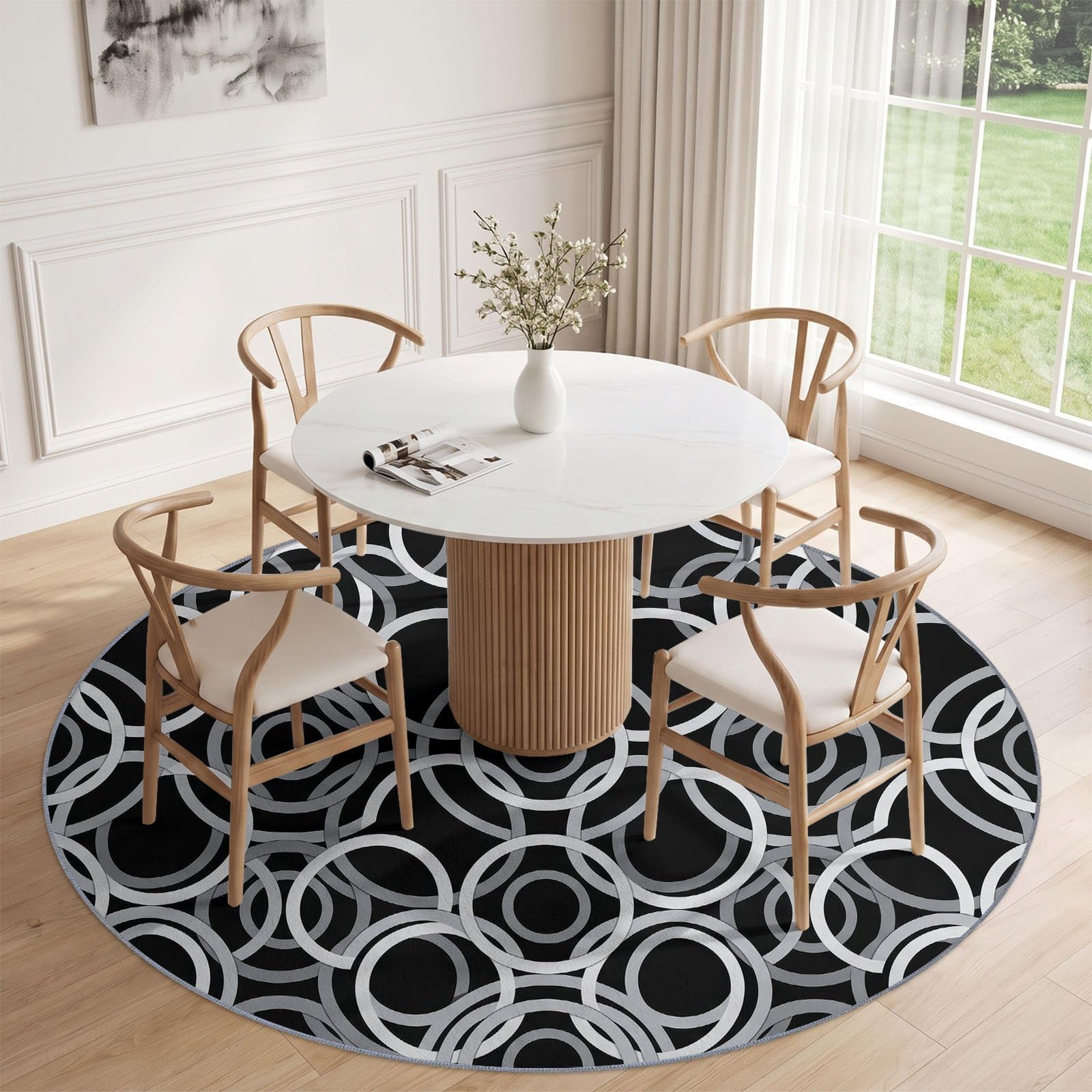 Tapis Rond Salon Moderne Geometrique Cercle Anneau Abstrait Noir Gris Doux Poil Ras Tapis de Sol Décoration Antidérapant pour Salon Chambre Cuisine Balcon Terrasse Salle à Manger Intérieur 160 cm