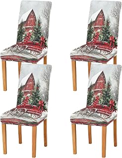 ALAZA Dining Chair Covers Set of 4,Christmas Tree Wagon Snowy Chair Slipcovers Stretch Kitchen Chair Cover Removable Washable Parsons Chair Protector for Dining Room Party Wedding