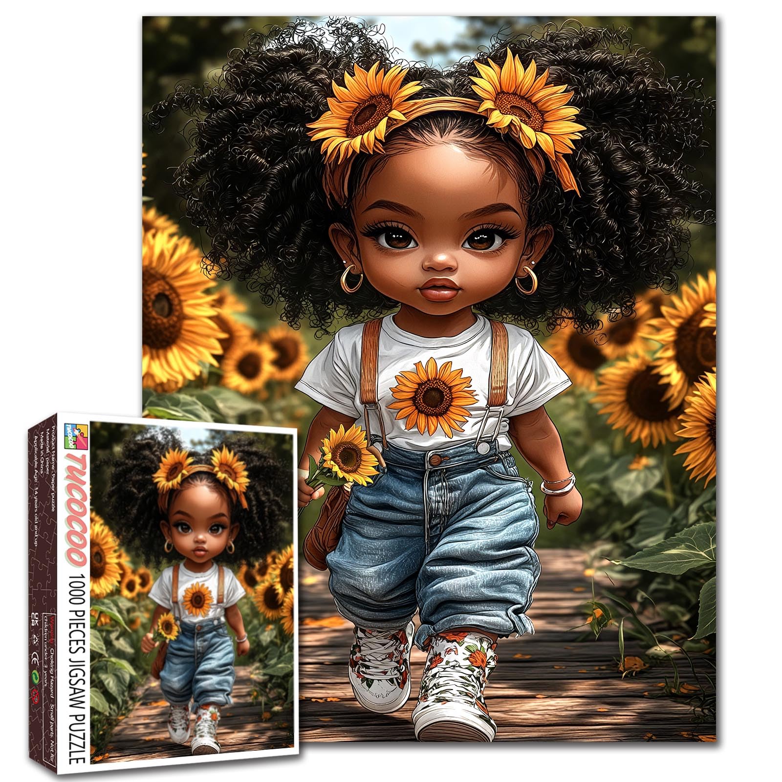 Sunflower African Girl Jigsaw Puzzle for Adults 1000 Pieces, Cute Afro Curly Hair Girl Puzzles Colorful Floral Art Puzzle for Home Decoration Gifts, Family Challenging Puzzle Perfect for Game Nights