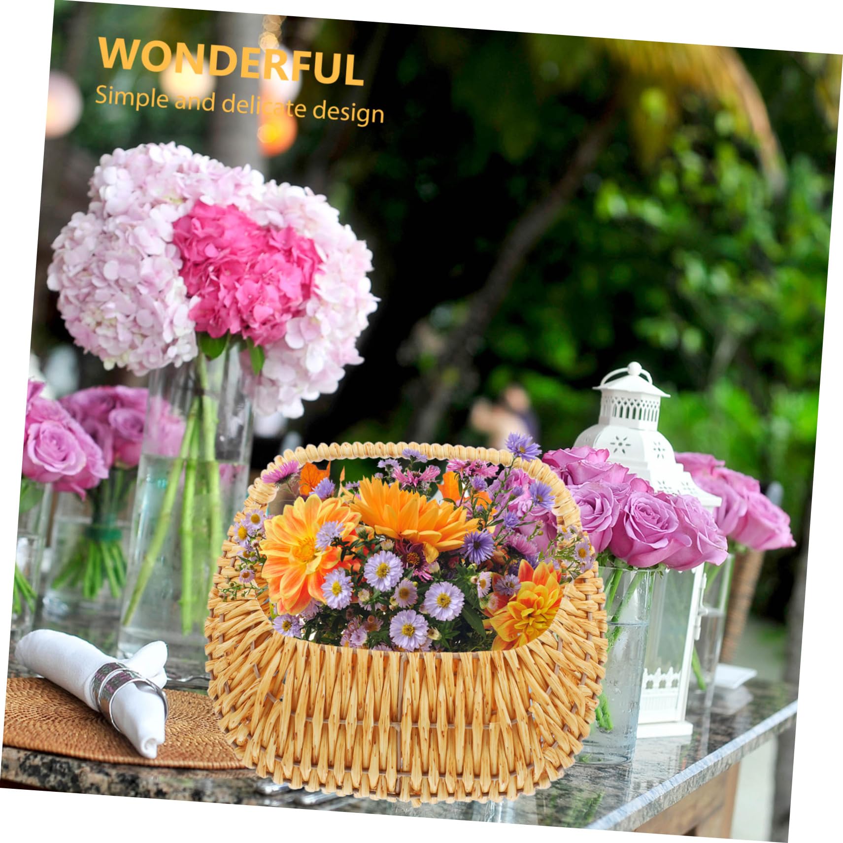 Handgewebter Blumenmädchenkorb mit Henkel für Hochzeit Beige