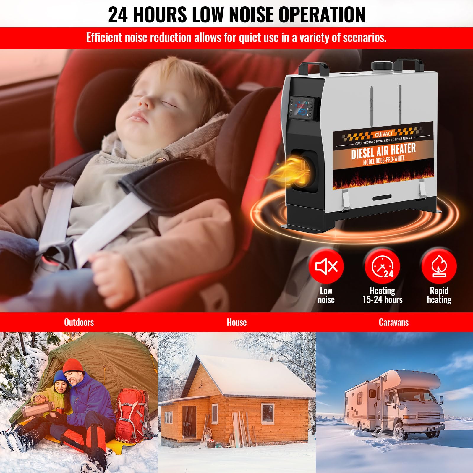 Chauffage Diesel 8 kW, Réchauffeur d'Air Diesel 12V/24V & 110-240V, Vertical Tout-en-Un Portable, avec Télécommande et Écran LCD, Faible Bruit, 0,16-0,62 L/h, 20-25 m², pour Camping-Car, Camion, Bus