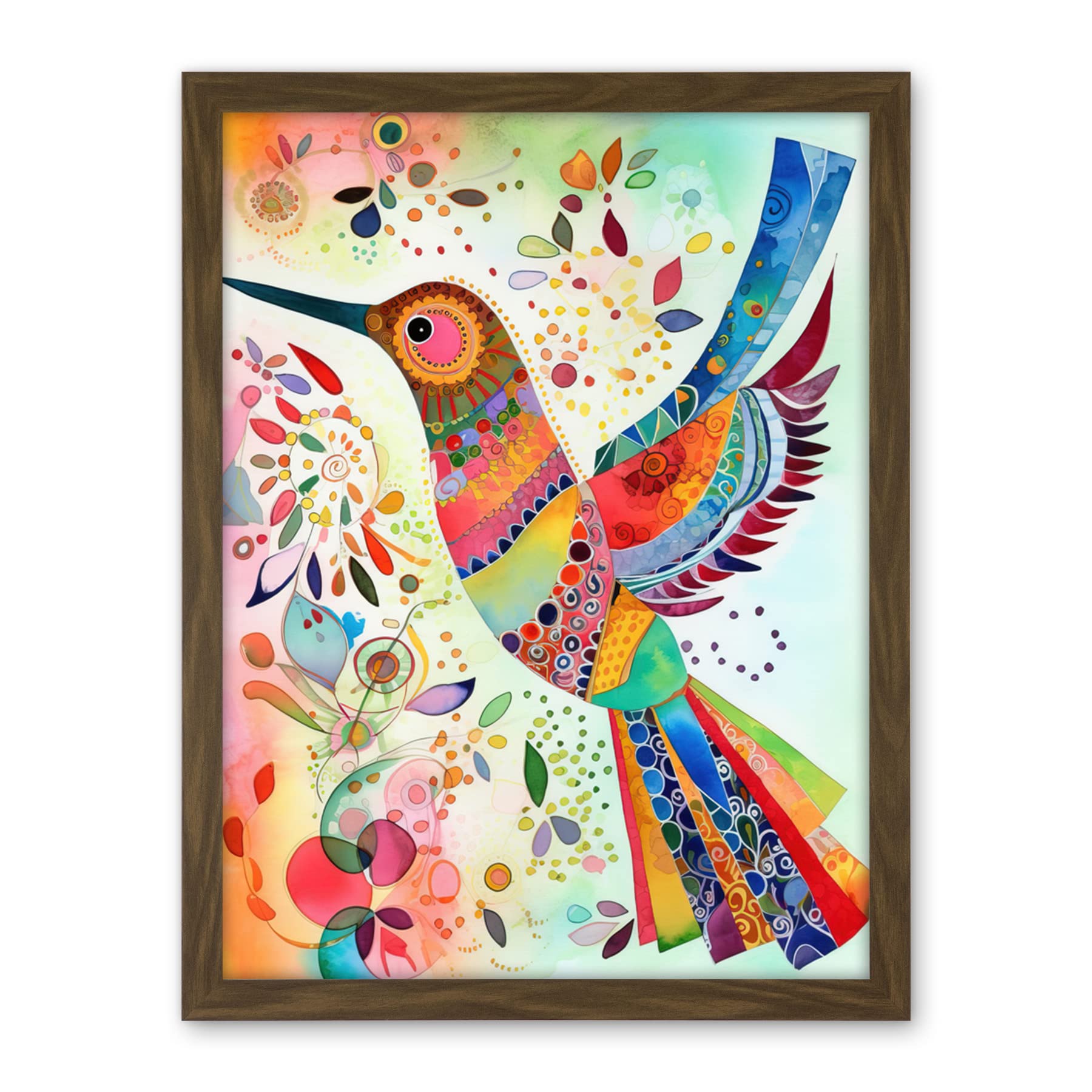 Artery8 Hummingbird With Multicolour Pattern Feathers Folk Art Watercolour Painting Artwork Framed Wall Art Print 18X24 Inch
