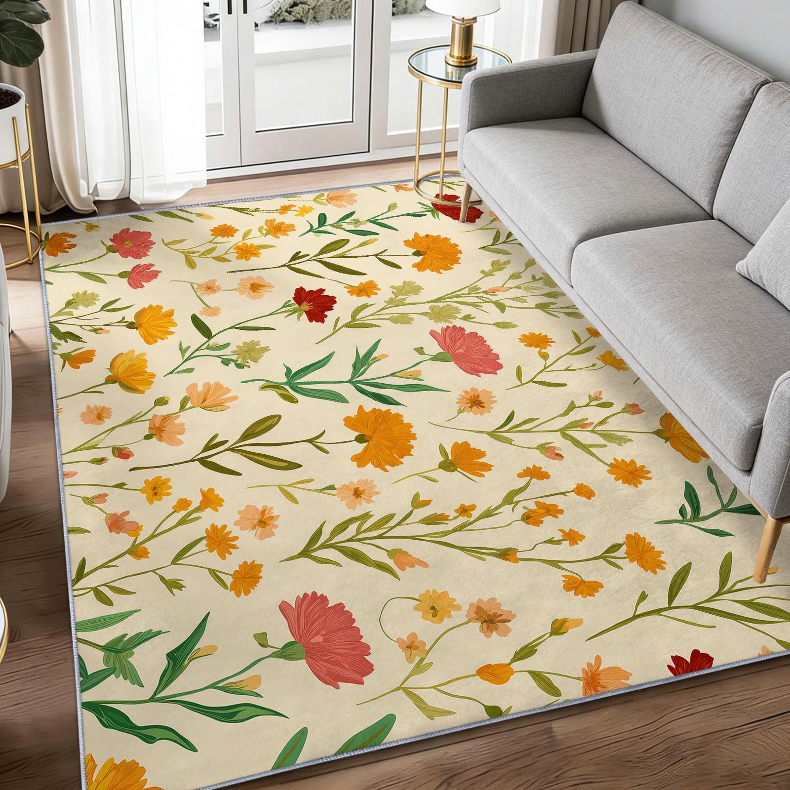 Générique Tapis Salon Lavable Beige, Tapis de Chambre à Poils Courts Rustique Fleuri Feuilles Vertes Nature, Antidérapant Doux Idéal pour Couloir Bureau Salle De Bain, 160 x 230 cm