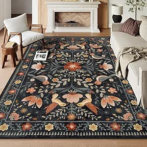 Amazon.com: Morebes Washable Black Floral Rug 5x7, Flower Birds Area ...