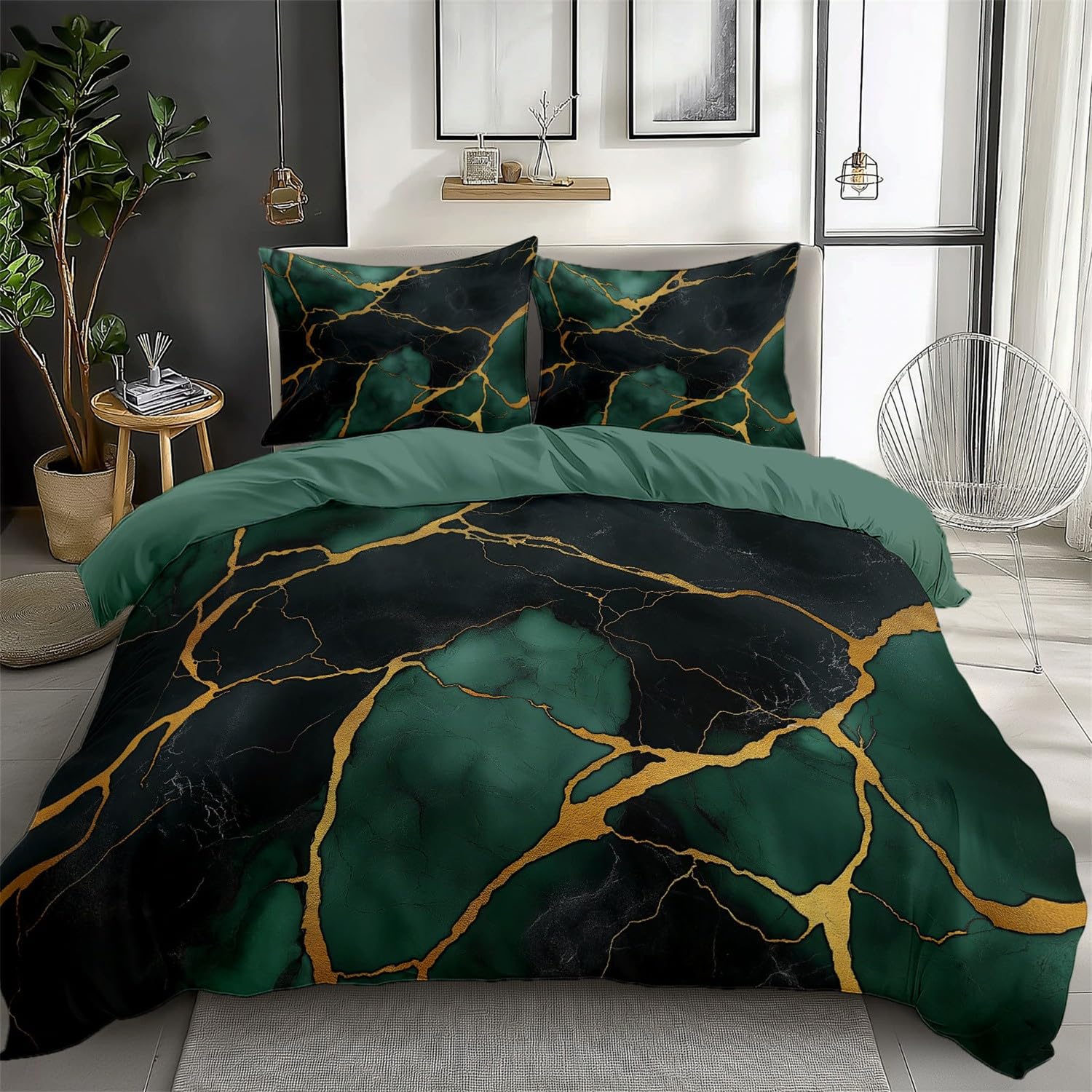 King Bedding Set Girls Marble Emerald Green And Black Duvet Cover Set 3pcs, Soft Comfy Duvet Cover Breathable Bedding Bed Sets with Pillow Cases, Reversible, Easy Care