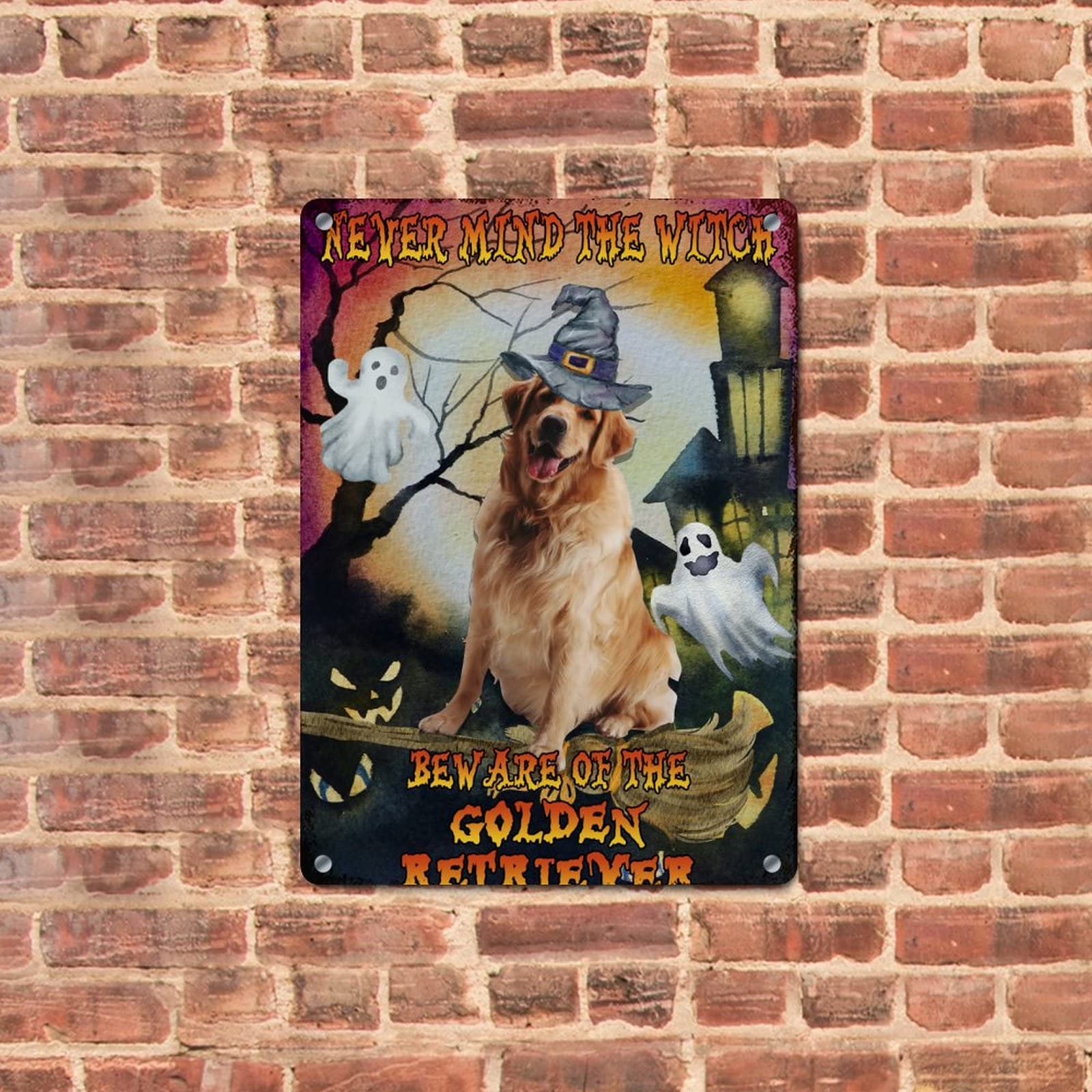Divertente cartello in metallo invecchiato con scritta Never Mind The Witch Beware of the Dog (lingua italiana non garantita), decorazione rustica in alluminio per bar, grotte, casa, decorazione da