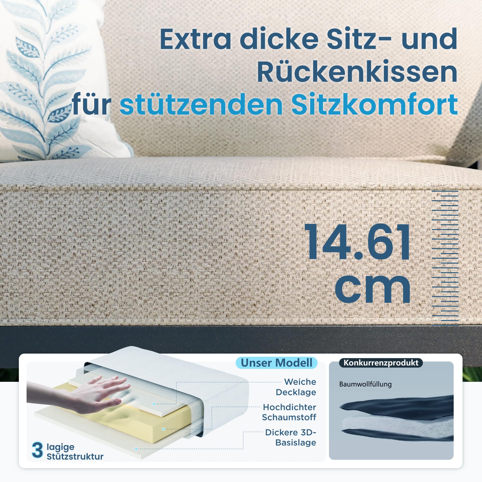 PHI VILLA Gartenmöbelsets 7-Sitzer, 5-teiliges Metall Lounge Möbel Outdoor, Gartenlounge Modulare Terassenmöbel Beige mit 2 Ottomane für Außen, E-Beschichtung Geschmiedeter Rahmen & Dicke Kissen
