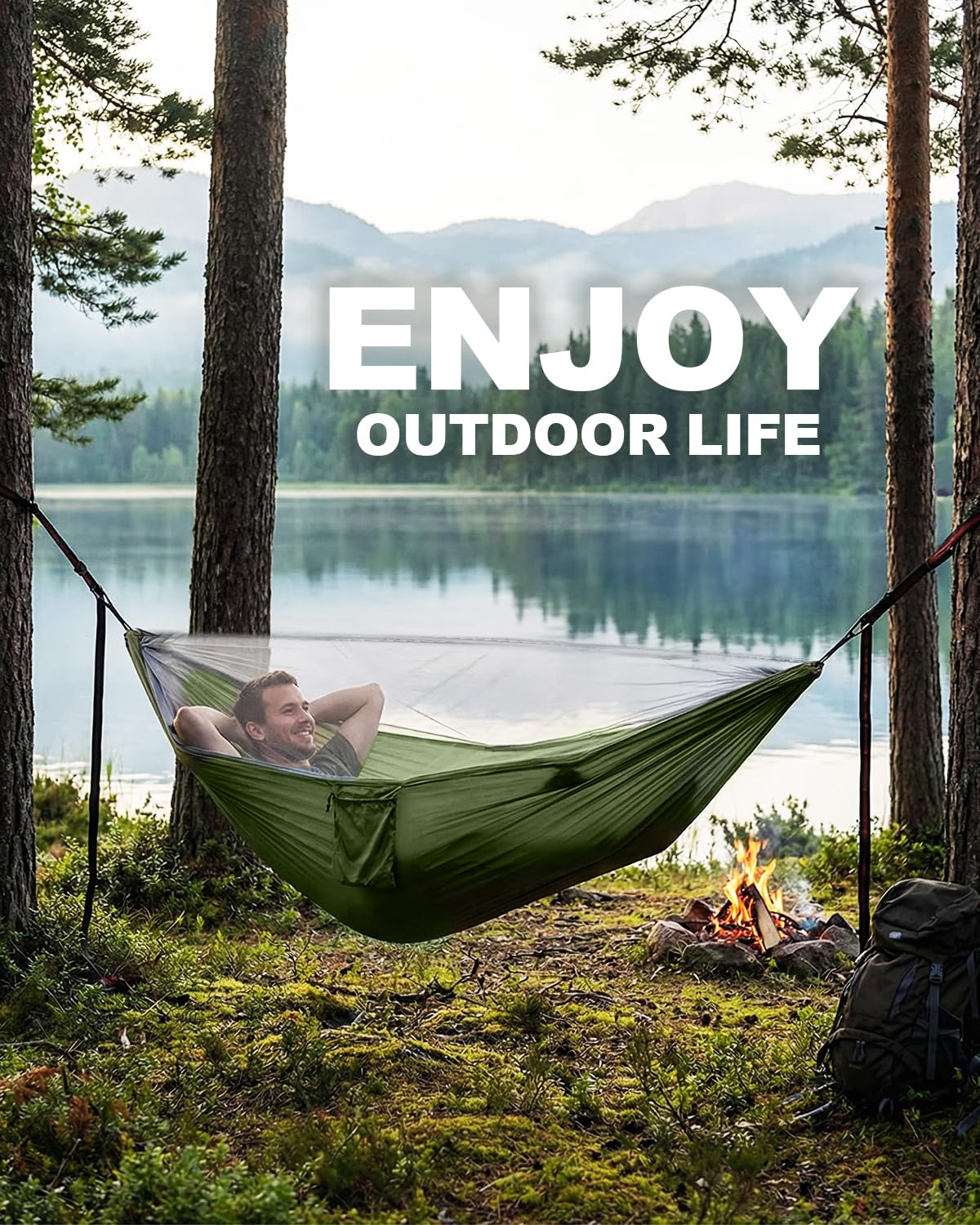 Amaca da campeggio 290 x 140 cm con zanzariera, ultra leggera e resistente, in nylon da 210T, da viaggio, con cinghie per alberi, facile da installare, amaca da campeggio per esterni