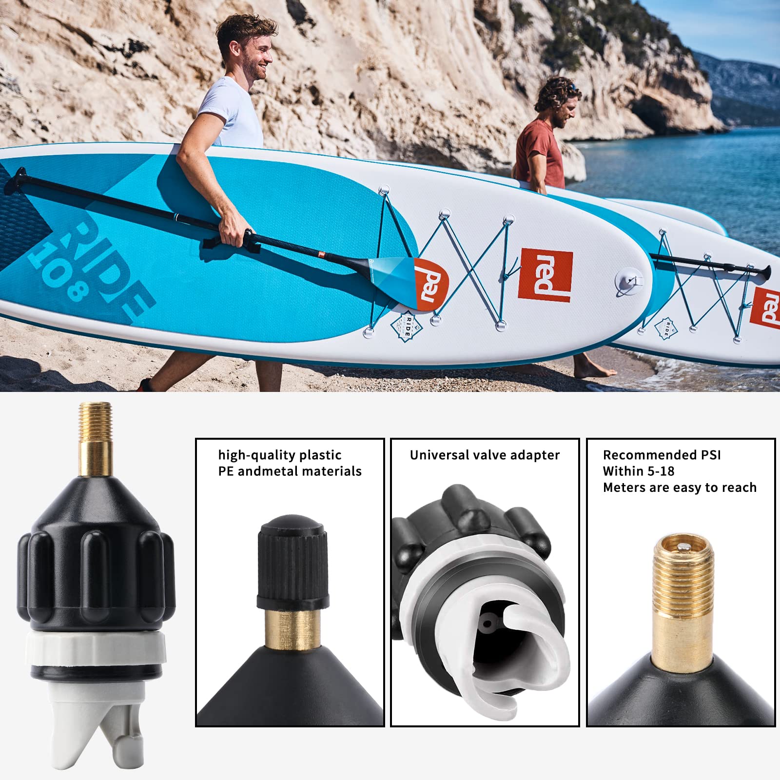 Adaptateur Gonfleur Paddle, Adaptateur de Kayak, Adaptateur de Pompe Sup avec 4 Buses de Valve d'air Embout pour Planche à Pagaie, Bateau Gonflable