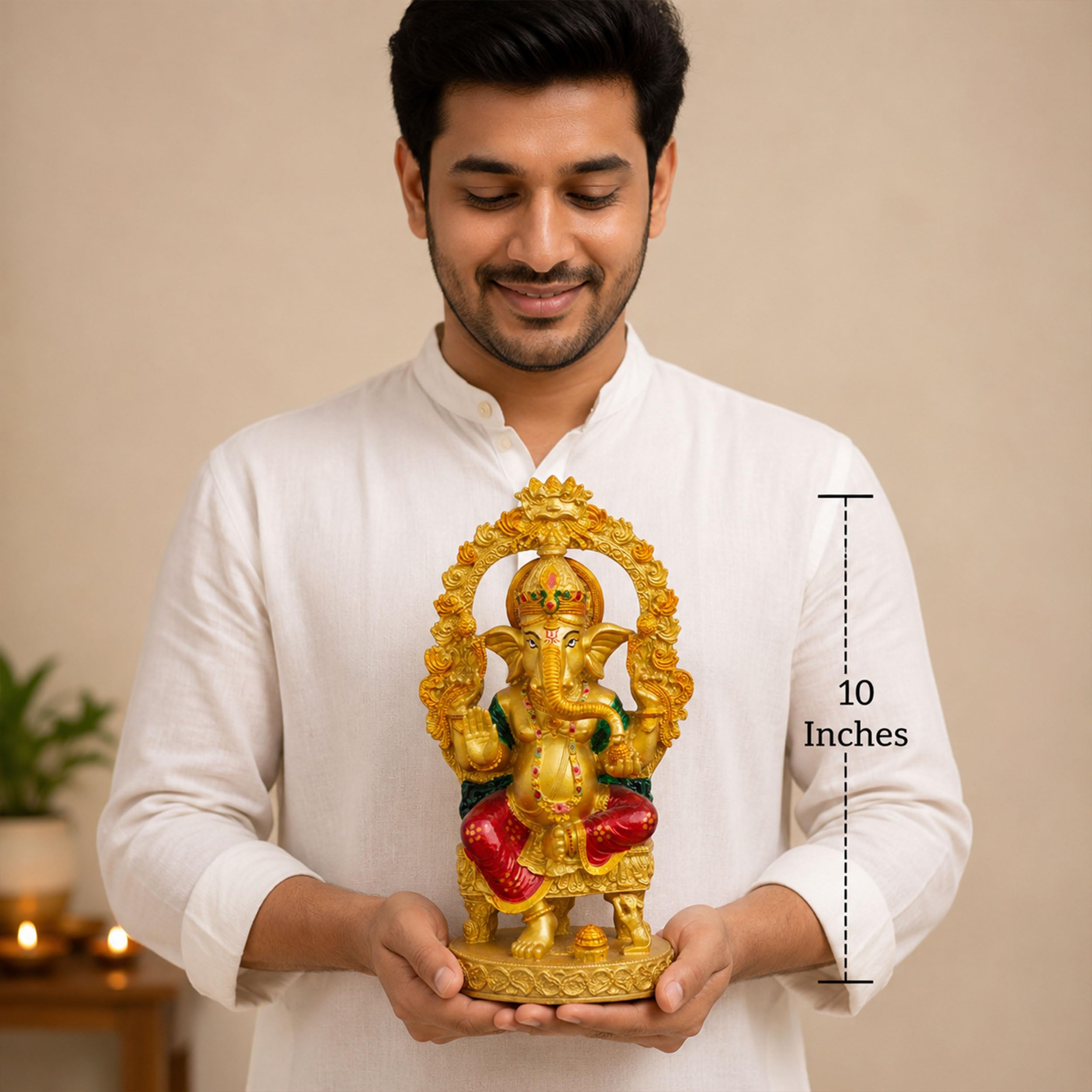 Gold Lord Ganesha Idol for Home Mandir Decor | 10 Inch Lacquer Coated Resin Ganpati Statue on Throne | Vinayaka Murti for Pooja Room Office Diwali Gift — photo — 3 of 7