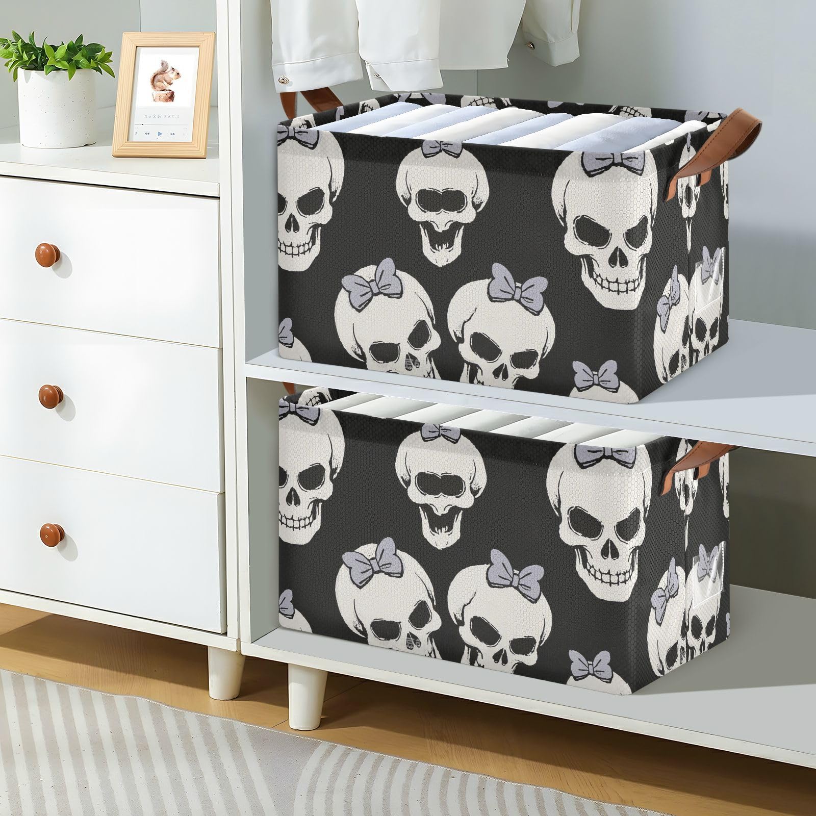 Cestini portaoggetti pieghevoli neri con motivo a teschio con fiocco, decorativi, con manici, cubi, organizer per dispensa, mensole, cassetti, scrivania, armadio, aula e ufficio, confezione da