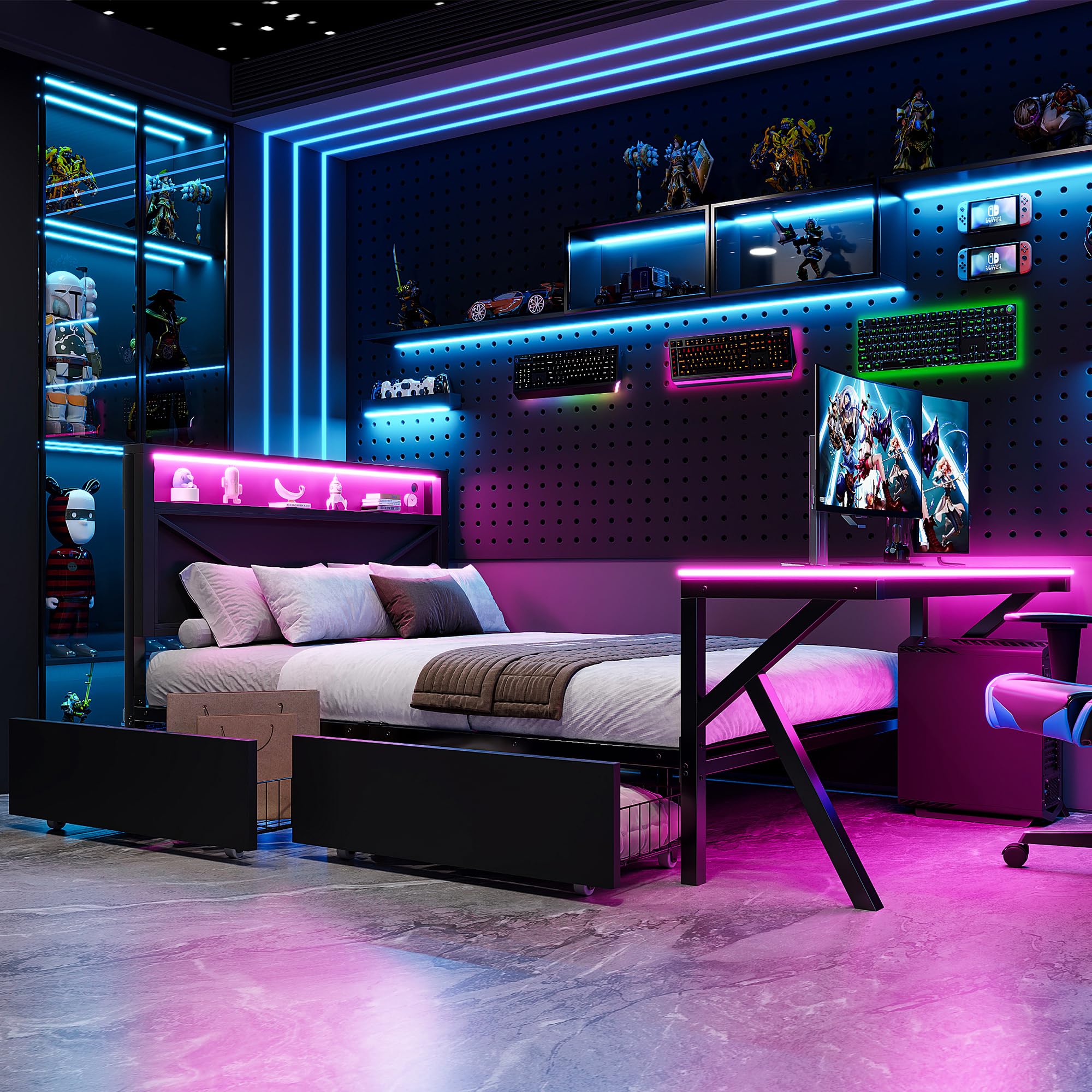 Plattformbett 140x200cm, Metallbett mit LED-Kopfteil&LED-Schreibtisch