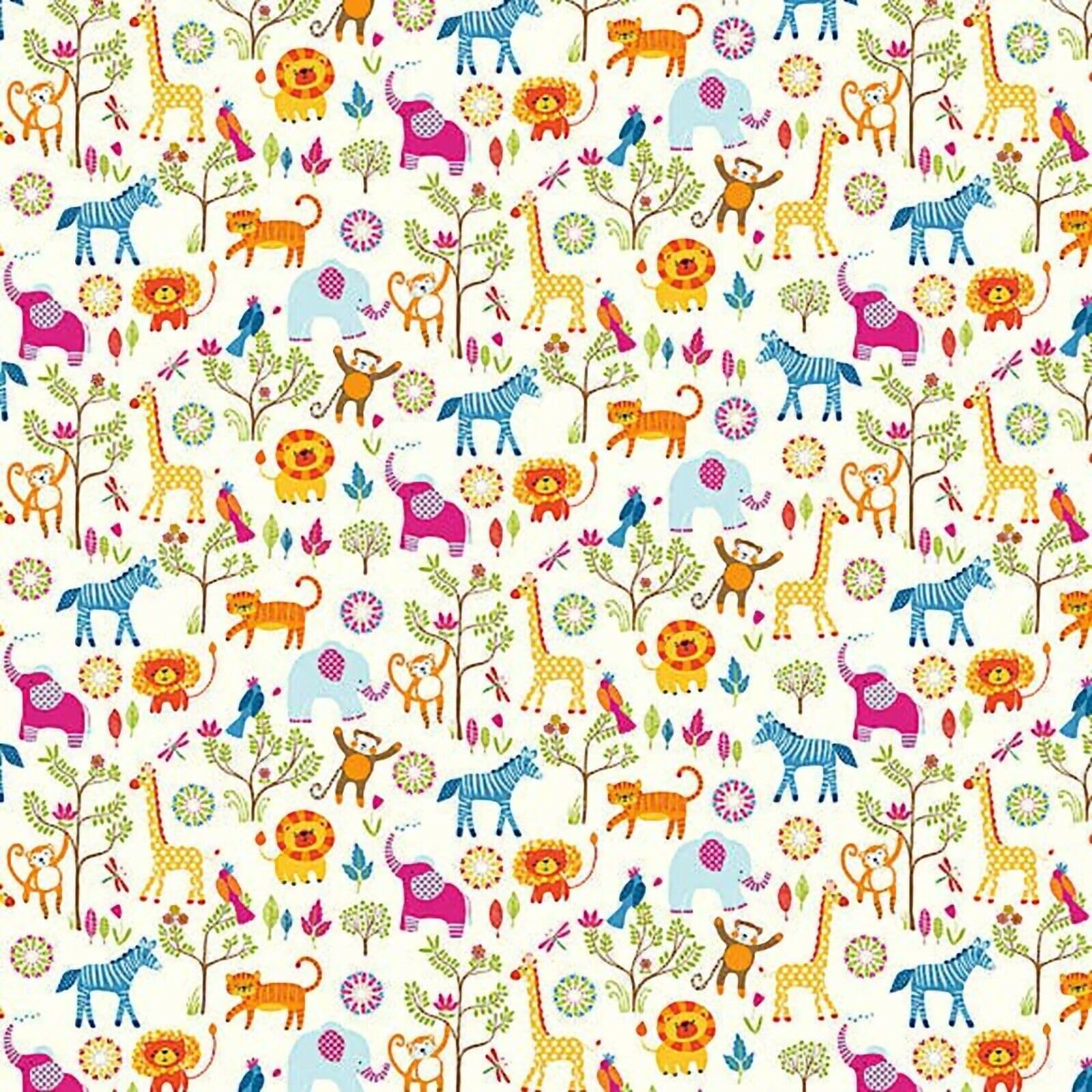 Multicoloured Childrens/Kids Jungle Boogie Zoo Animals Lions Giraffe Monkey Colourful Fabric By The Metre