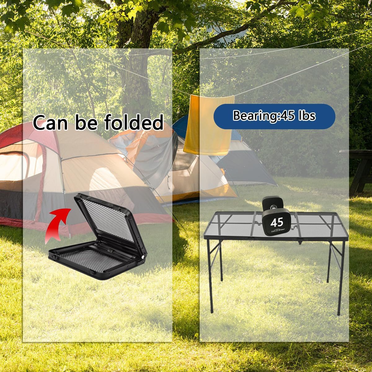 Camping Table，Folding Grill Table with Mesh Desktop,Adjustable Height Collapsible Table for Picnic,Camping,BBQ (23.6" D x15.7 W x 22.5" H)