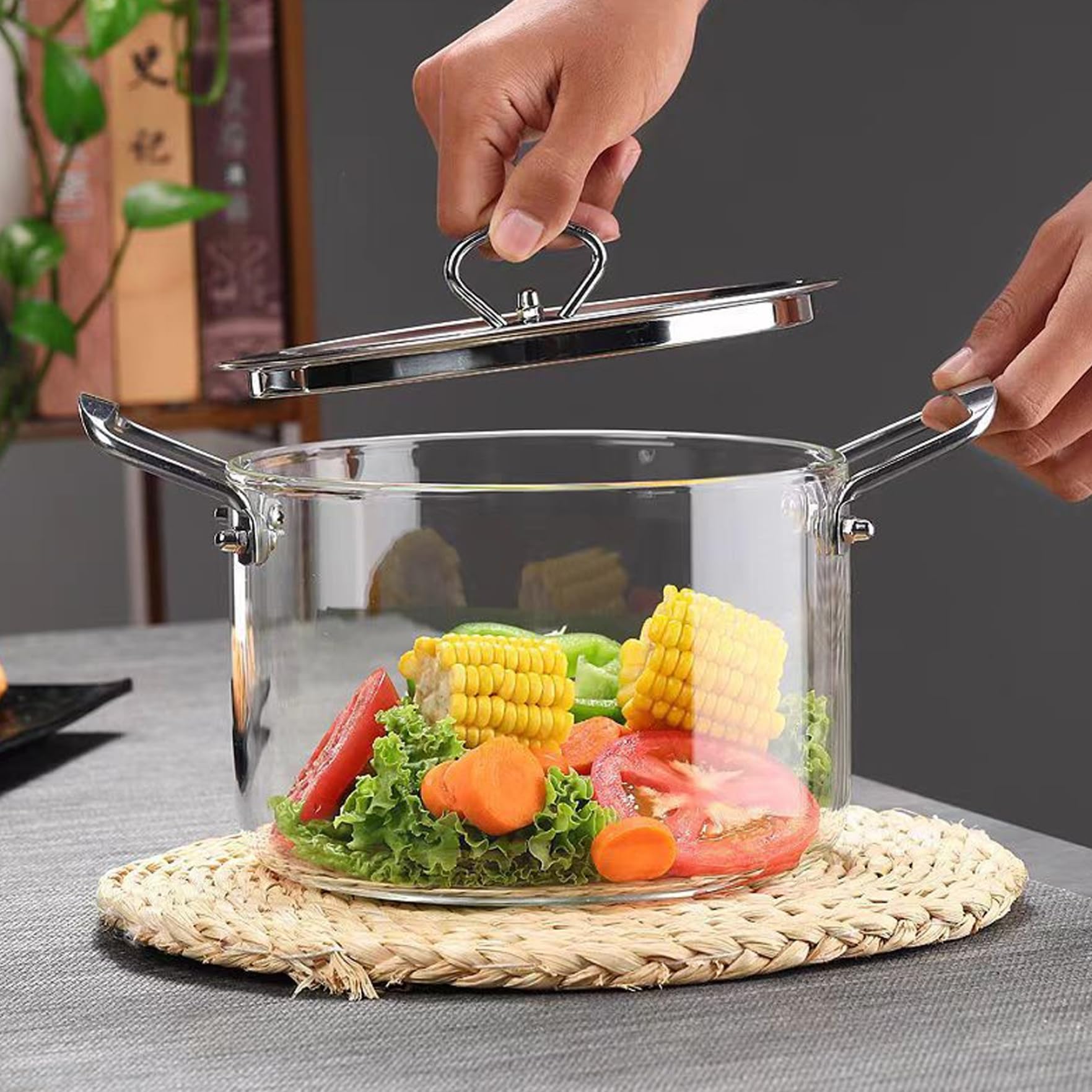 Pentola in vetro per fornelli Pentola in vetro trasparente da 3, 5 litri con coperchio e doppie orecchie resistente al calore per pasta, zuppe, latte, alimenti per bambini Pentole trasparenti per cu