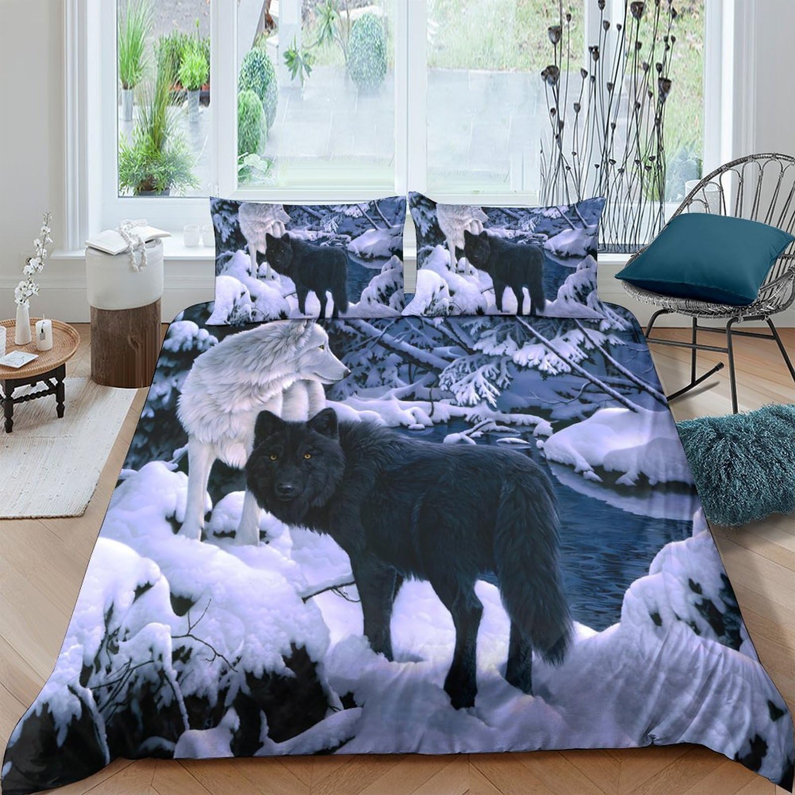 GPLZQXKJNH 3D Printed Wolf Forest Duvet Cover Microfiber Soft Breathable Snow Mountain Bedding Set with 2 Pillowcases for Bedroom Decor Single（135x200cm）