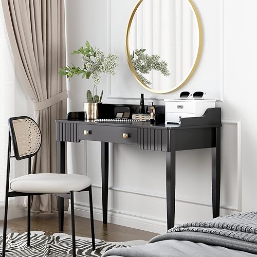 Miniatura 6 de Escritorio de tocador negro moderno para computadora con cajón mesa de maquillaje con mango dorado