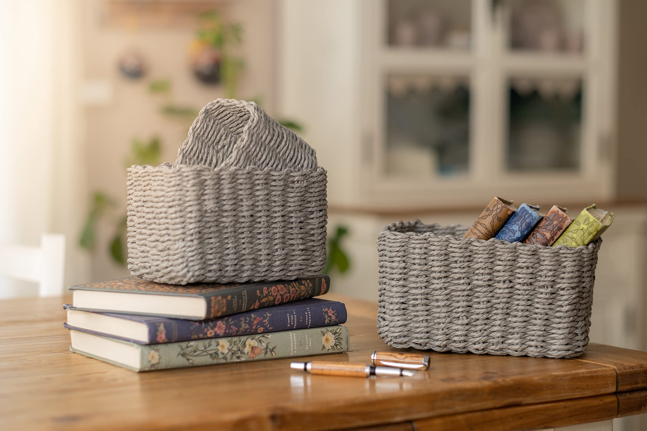 Set Di 3 Cestini In Vimini Di Giacinto D'acqua Per Bagno, Con Cestino Porta Rifiuti 33x19x30 Cm, Vassoio E Porta Fazzoletti, Intrecciati A Mano - 2