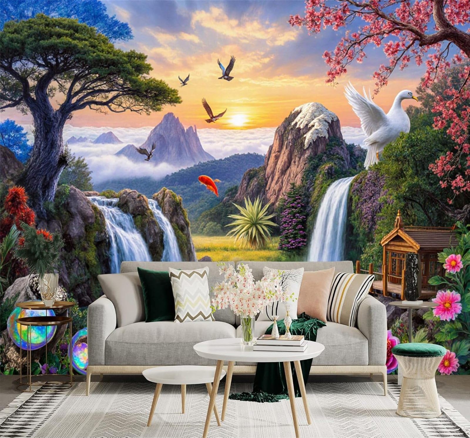 Xlming 350Cm×256Cm(B×H) Waterfall Scenery Mountains Birds Swans Flowering Trees 3D Wallpaper Premium Textured Silk Study Dining Living Room Bedroom Sofa Tv Wall Easy Install-350Cm×256Cm
