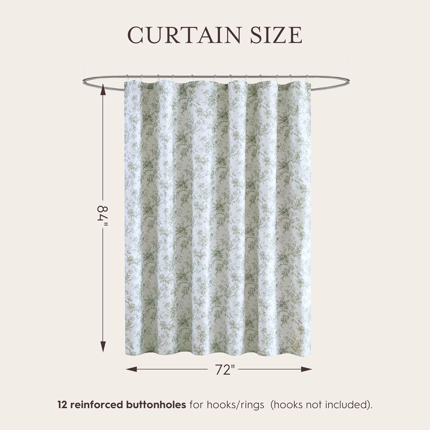 Laura Ashley Walled Garden Shower Curtain, Textured Cotton-Rich Slub Fabric, Tonal Floral Print, Elegant Transitional Bathroom Decor, Machine Washable 72"x84", Green