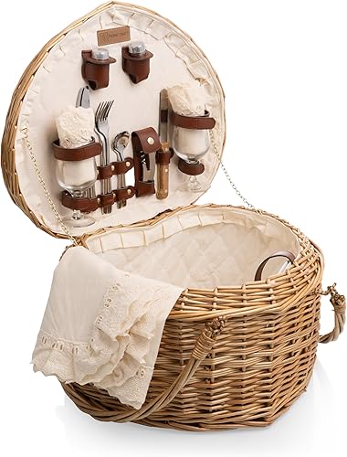 PICNIC TIME Cesta de picnic de corazón para 2, cesta de mimbre con asa, servicio completo de lujo para dos, tejido a mano y resistente sauce
