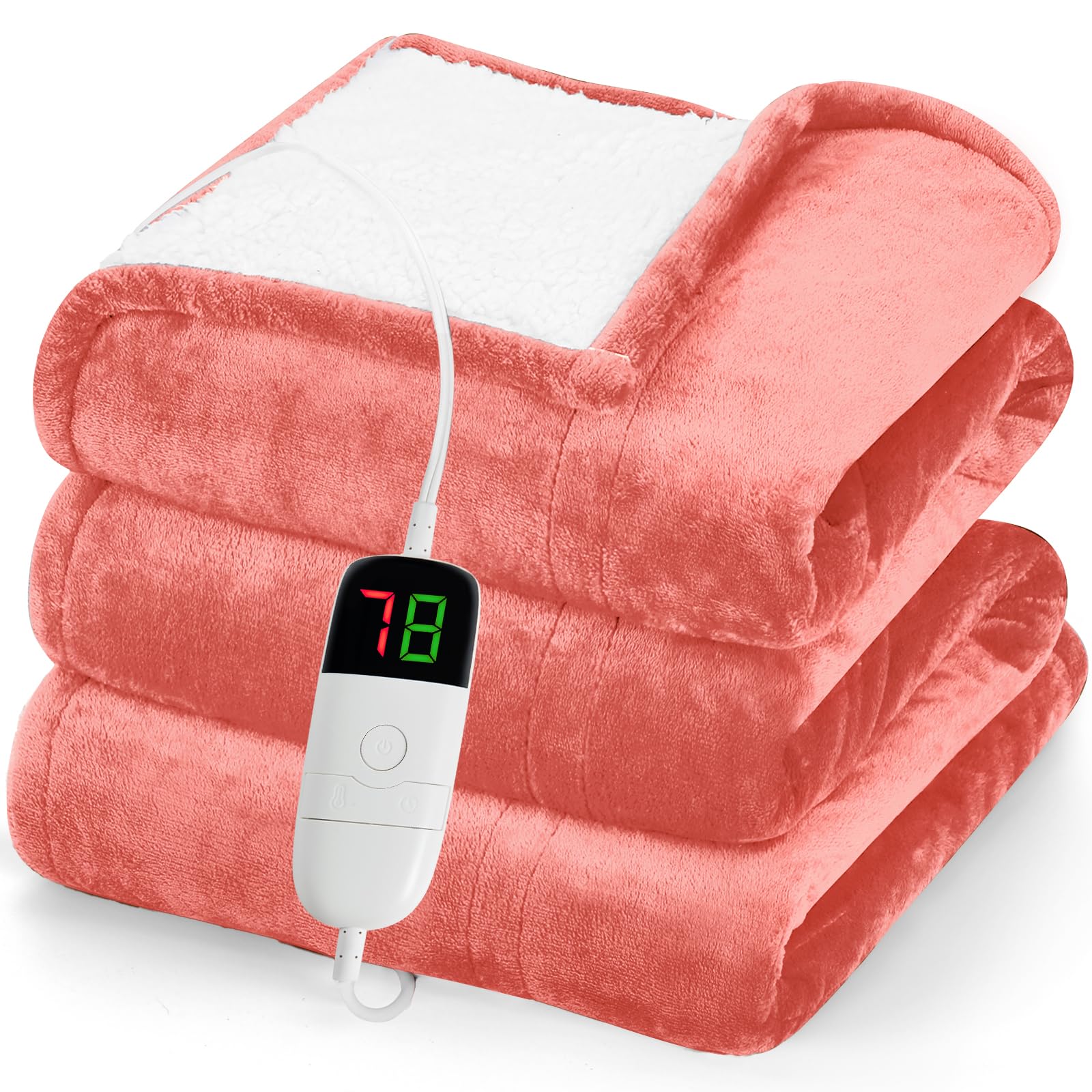 greenoak Heated Blanket Electric Throw 50"X60", Heating Blanket with 10 Heat Levels 1/2/4/6/8 Hours Auto-Off Overheat Protection, Flannel Sherpa Soft Warm Heater, ETL Certified Nude Pink