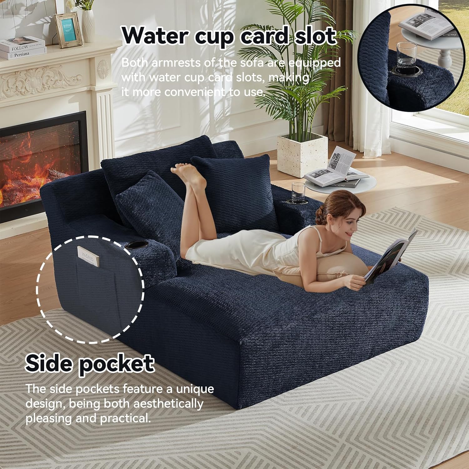 66" Oversized Chaise Lounge Chair Indoor, Faux Fur Boneless Cloud Couch with 3 Pillows, Cup Holders & Side Pockets, Deep Seat Lounge Sofa for Living Room Reading Lounging(Dark Blue)