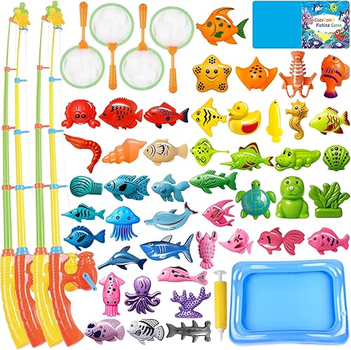 Miniatura 9 de CozyBomB™ - Juego de juguetes magnéticos de pesca para niños | Juego de mesa de agua, bañera, piscina para niños, caña de pescar, red, peces