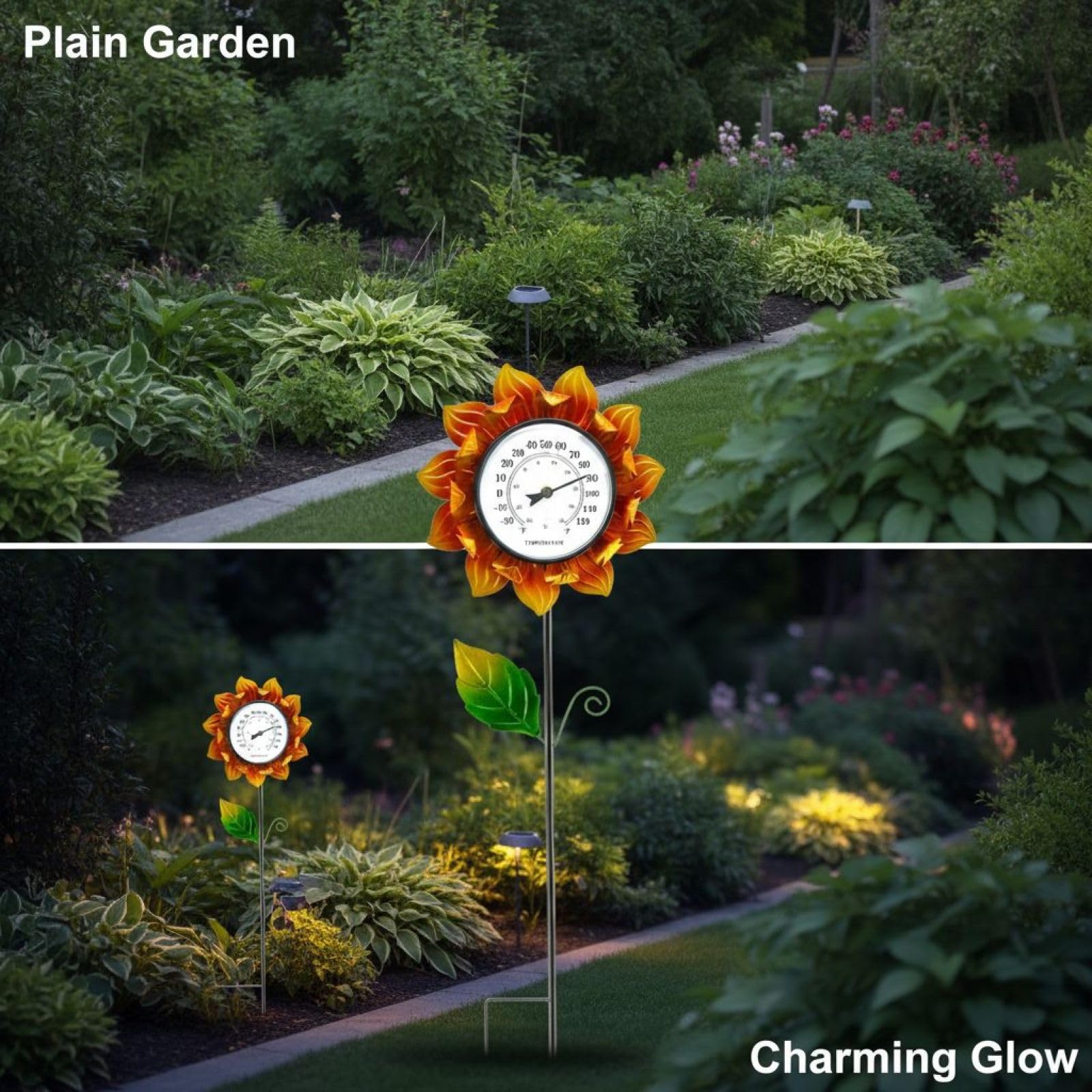Sonnenblumen Thermometer Garten Deko, 102 cm Metallblume mit Erdspieß, eiserner Temperaturmesser in Sonnenblumenform für Terrasse, Rasen, Blumenbeet und Hof, dekorativer Gartenstab
