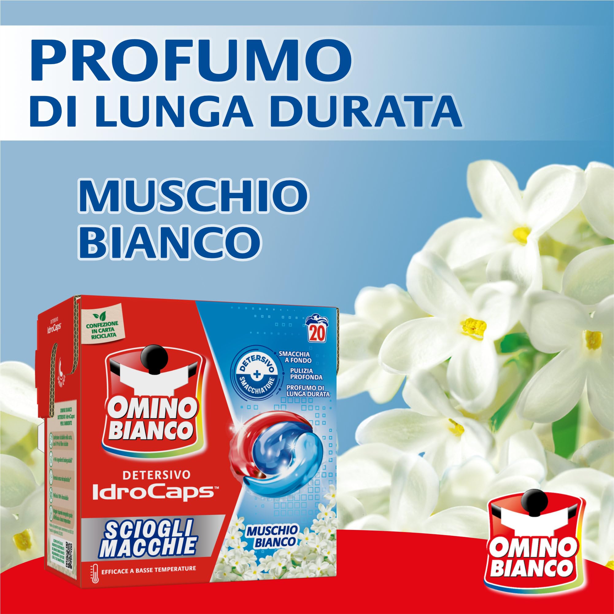 Omino Bianco Idrocaps - Detersivo LavatriceiIn Capsule Sciogli Macchie, 80 Lavaggi, Efficace a Basse Temperature, Profumo Muschio Bianco, 20 Caps x 4 Confezioni