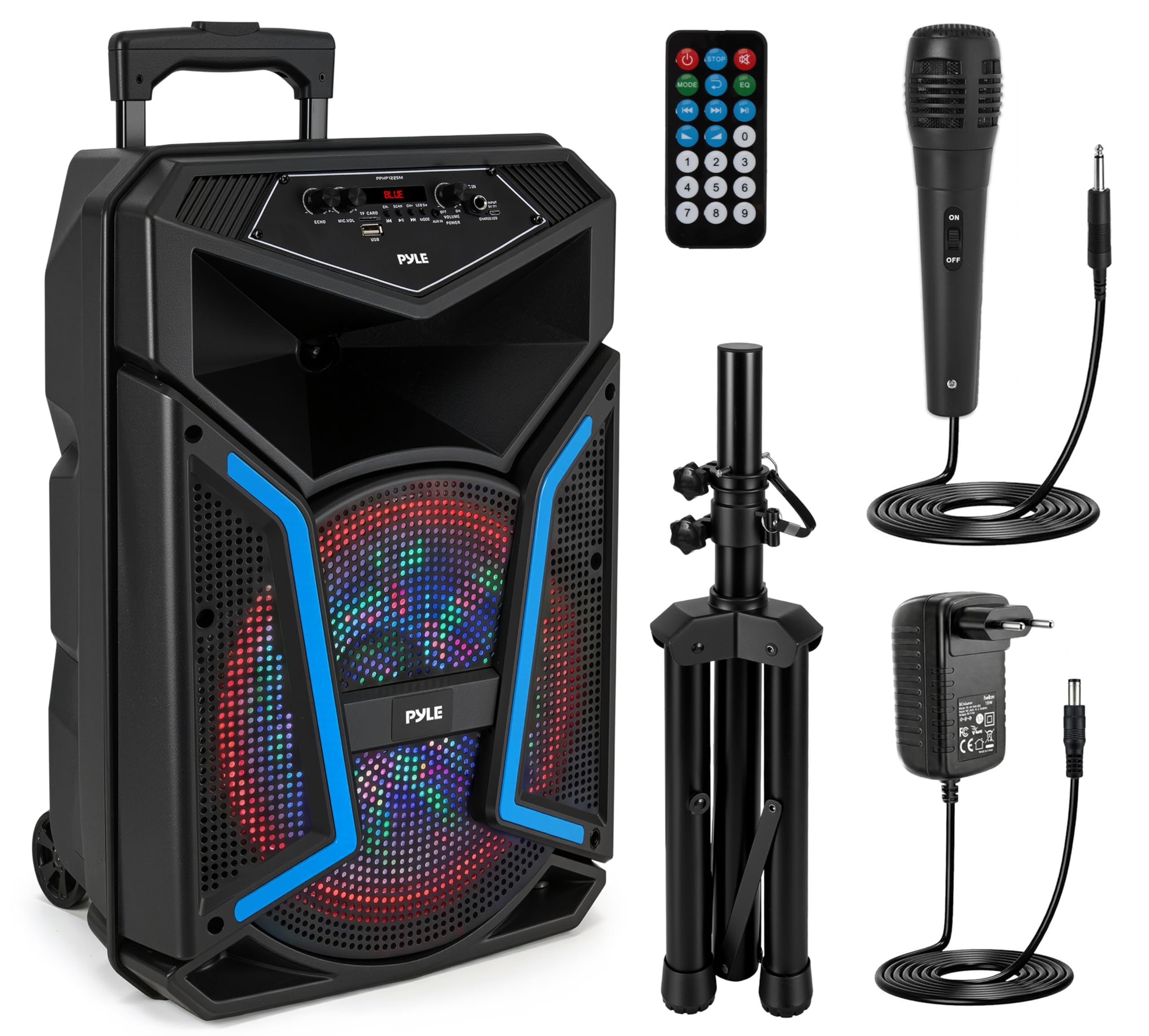 Pyle Haut-Parleur Bluetooth PA Portable 800 W Max, Enceinte Karaoke avec Microphone Filaire, Subwoofer 12", Lumières LED, Radio FM, USB/Carte SD MP3, Entrée Micro/Guitare, Batterie Rechargeable, Roues