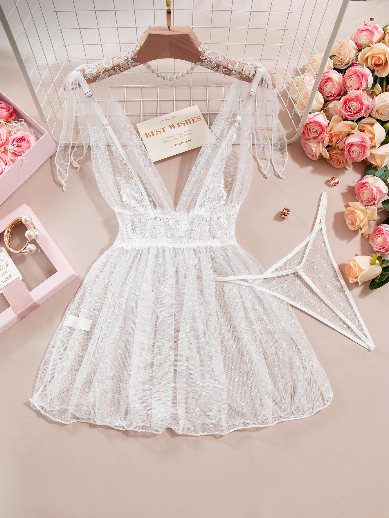 Lilosy Sexy Polka Dots Mesh Sheer Lace Babydoll Chemise Lingerie Set Floral Lace Sleep Wear