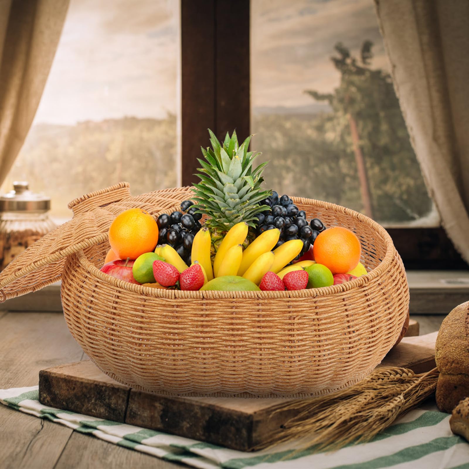 SHINEOFI Cesta Tejida con Tapa para Almacenar Frutas, Verduras y Pan, Cesta Pequeña de Plástico con Superficie Lisa para Cocina y Sala