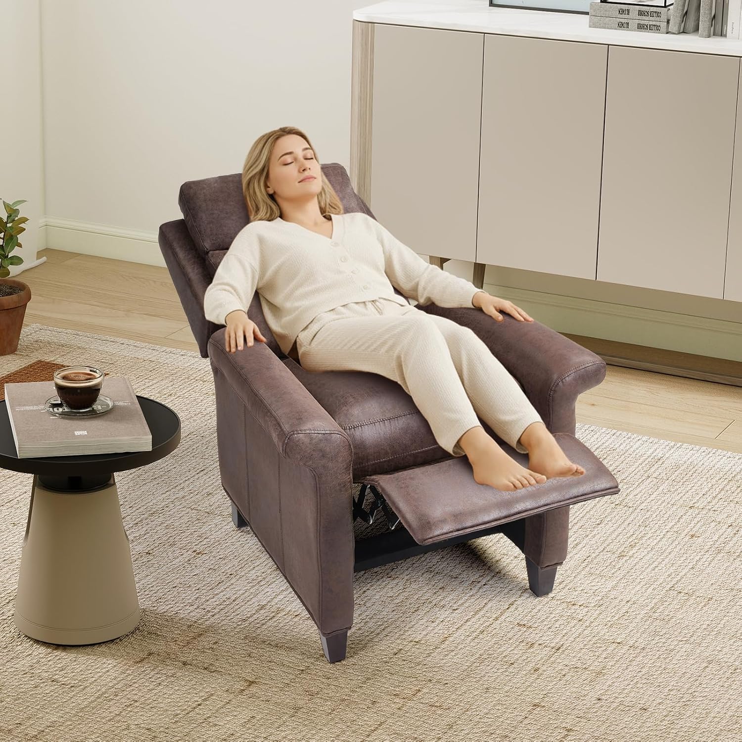 Push Back Recliner Chair, Faux Leather Lounge Armchair with Footrest, Decoration Single Sofa Accent Chair for Living Room, Bedroom, Small Spaces (1, Dark Brown)