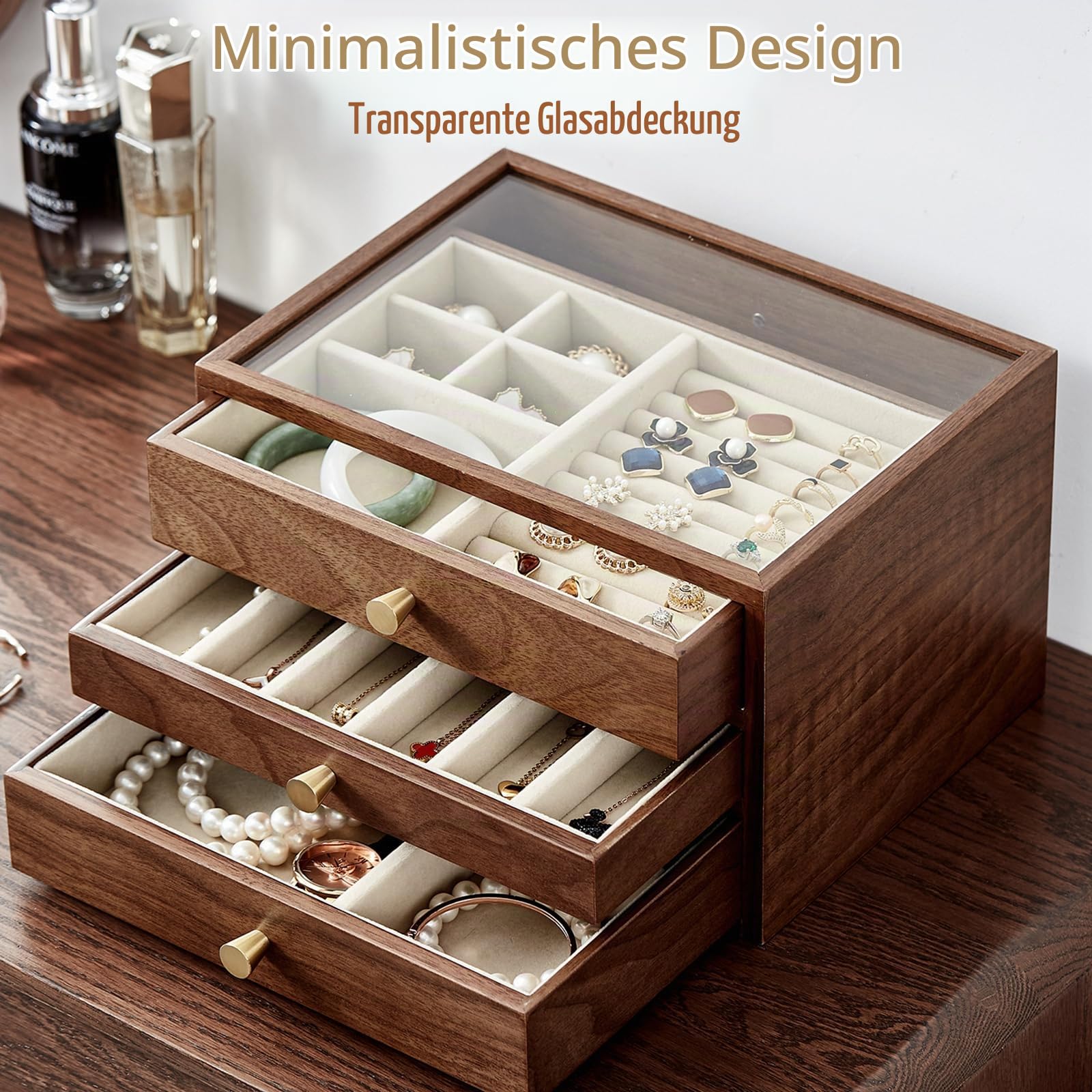 Schmuckaufbewahrung Schmuckkasten Klein Schmuckkästchen aus Holz für Damen, Massivholz Schmuckschatulle Schmuckbox Holz mit Glasabdeckung 3 Schubladen Schmuckkiste für Ringe Halskette