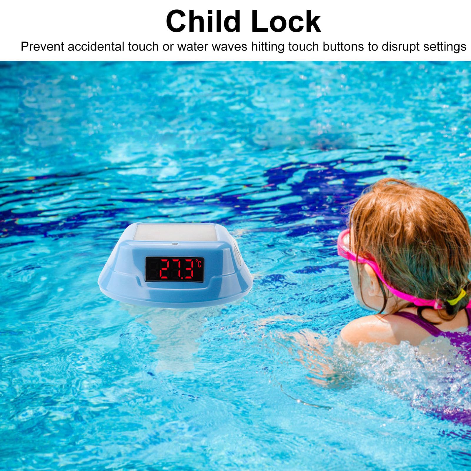 Walmeck Termometro Piscina Doppia Ricarica del Cavo Solare Display Display Blocco Bambino IP68 Waterproof [Swimming Pool Spa] (Cielo blu)