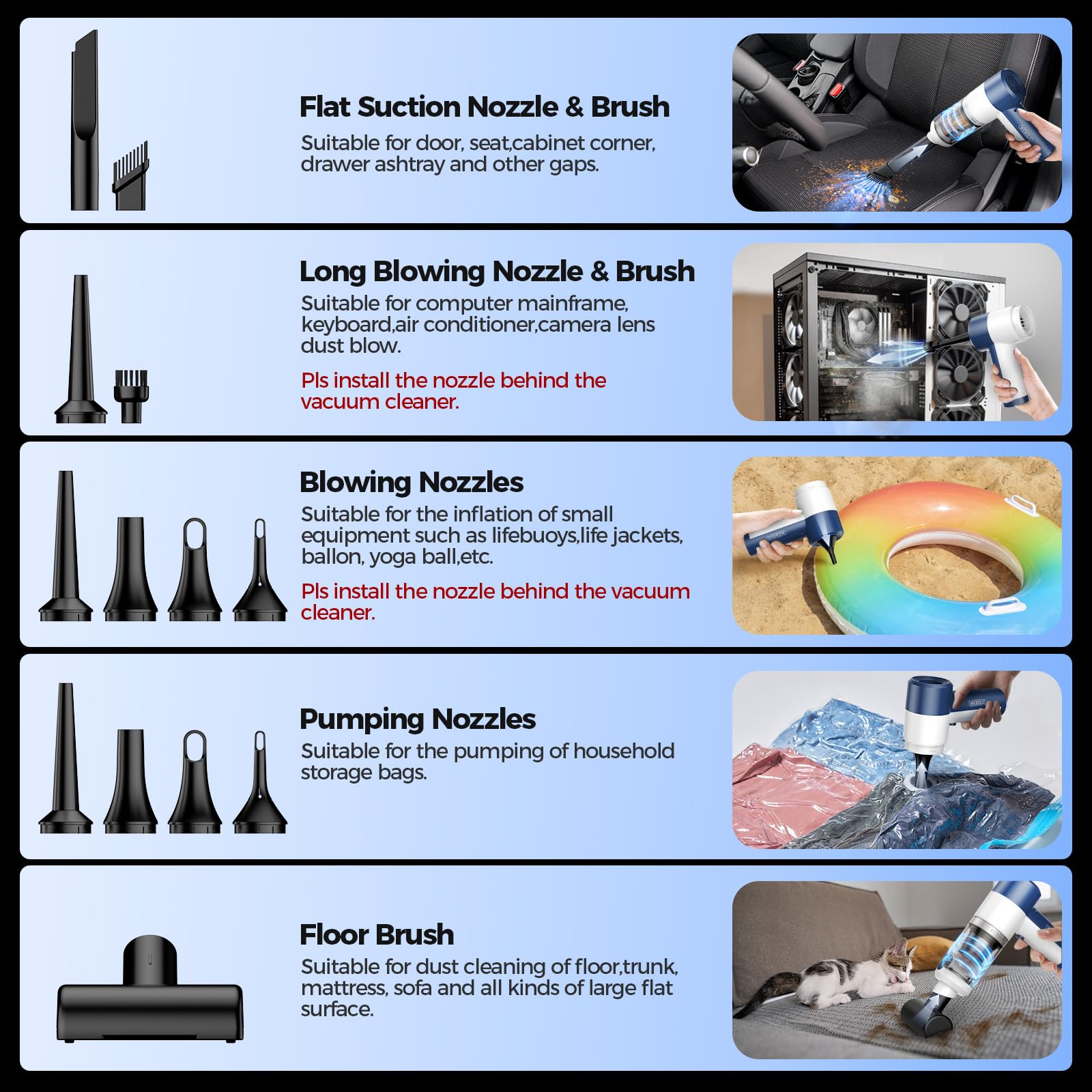 Car Vacuum Cleaner Cordless, 4 in 1 Portable Vacuum Cleaner 16000PA High Power Air Duster & Air Blower & Pump, Rechargeable Handheld Vacuum with Brushless Motor, Multi-Nozzles for Car, Home, Office