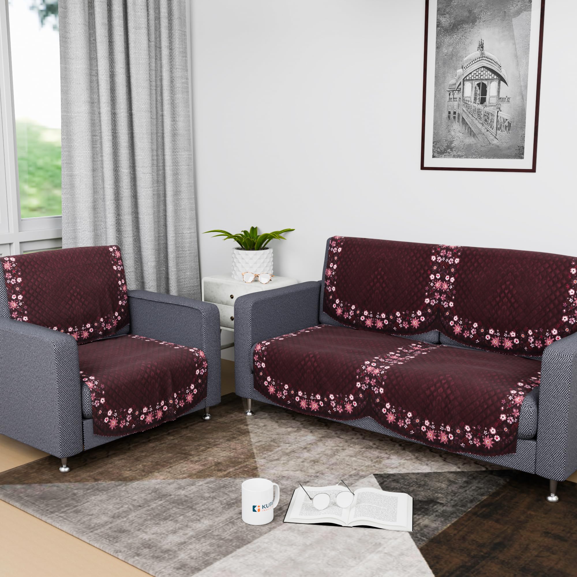 Kuber Industries Sofa Cover | Velvet Sofa Slipcover Set | Digital Painting Quilted Sofa Set | Suede Ultra Sonic Couch Cover | 3 Seater Sofa Cover for Living Room & Hall | 6 Piece | Maroon