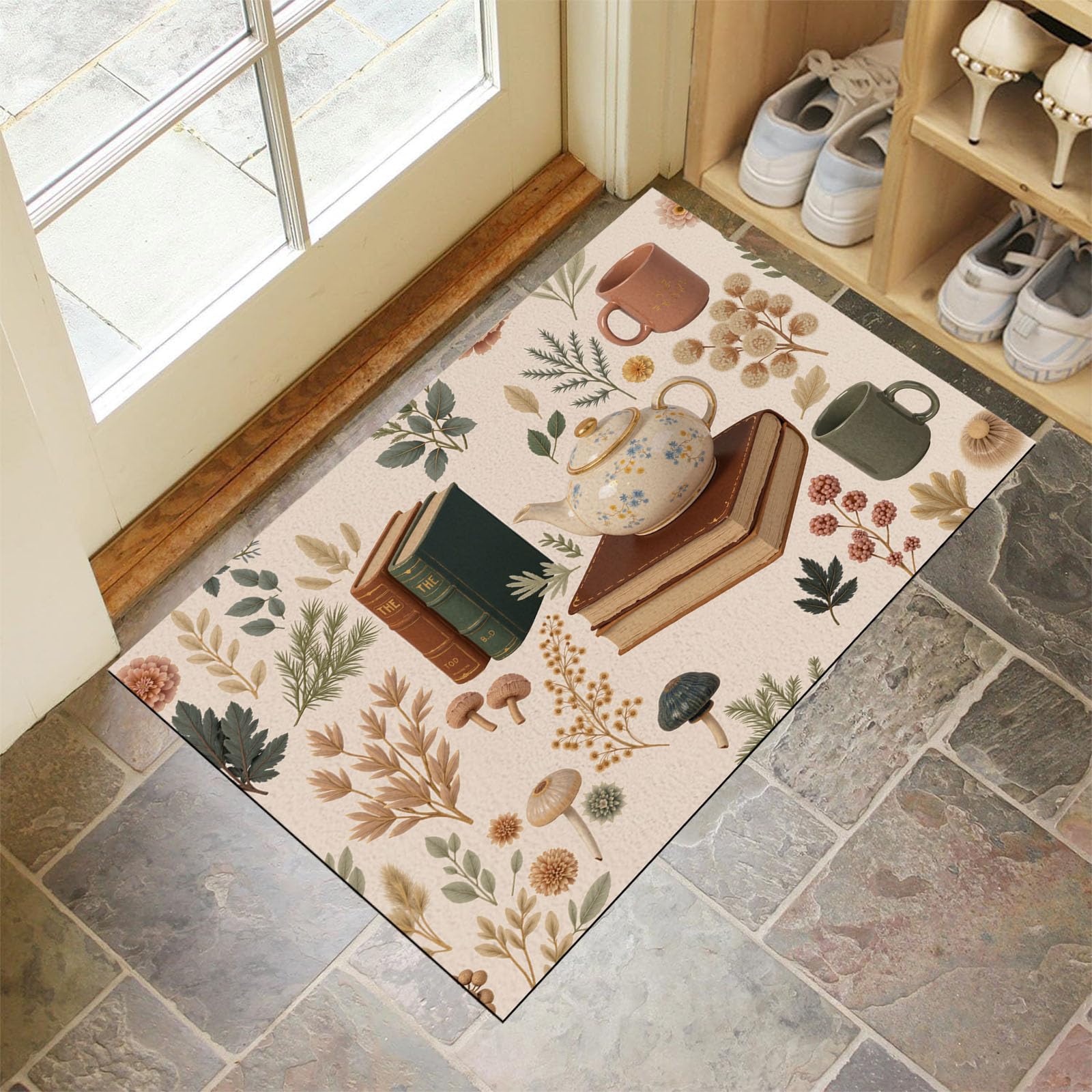 Tapis de chambre style pastoral beige aux motifs théières et champignons