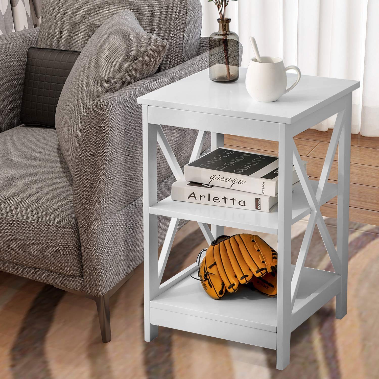 Btm White End Table Nightstand Sofa Side Table Storage Shelves