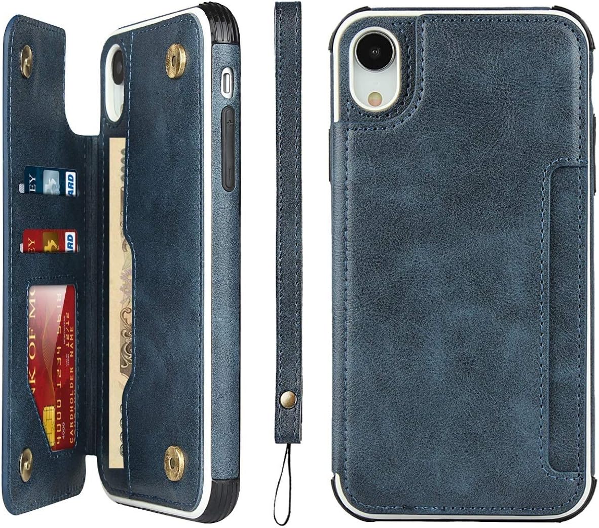 iCoverCase Compatible with iPhone XR Wallet Phone Case with Card Holder and Wrist Strap PU Leather Magnetic Clasp Shockproof Case 6.1 Inch (Blue)