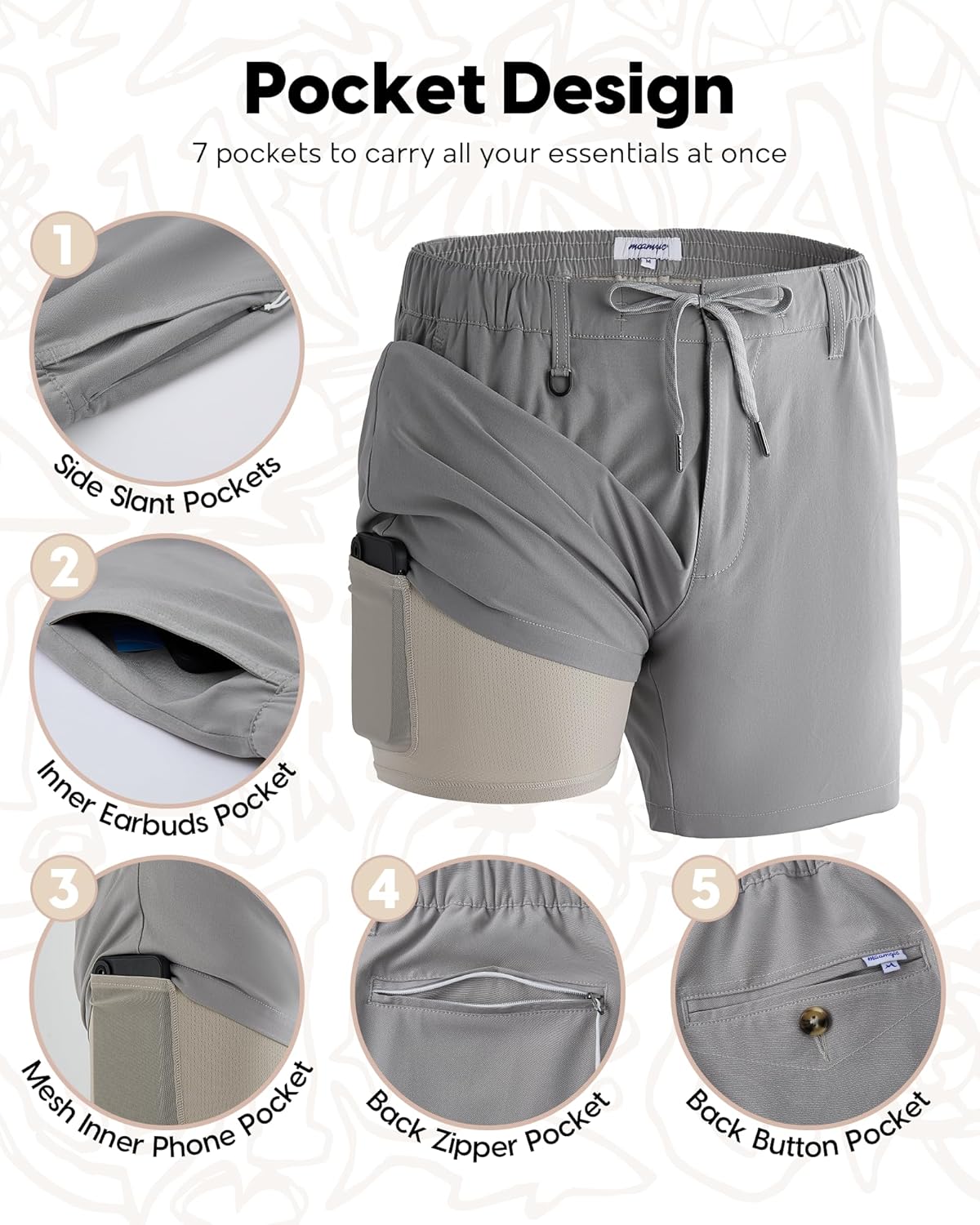 maamgic Mens Casual Shorts with Compression Liner 5/7 Inch Classic Fit Khaki Shorts