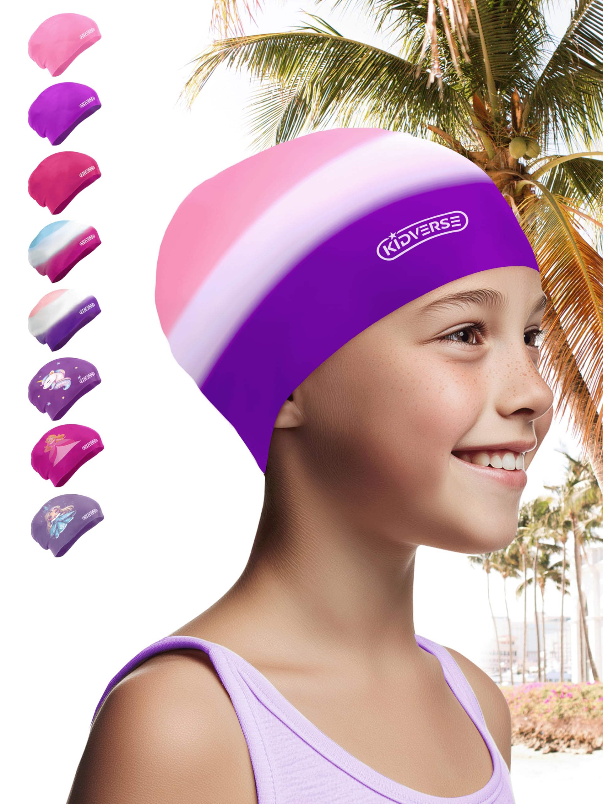 KIDVERSE Waterproof Kids Swimming Cap for Girls & Boys with long voluminous hair - Swim Hat with Anti-Slip Grips - Comfortable Silicone Swim Cap Girls & Boys - Swimming Hat Kids with UV Protection