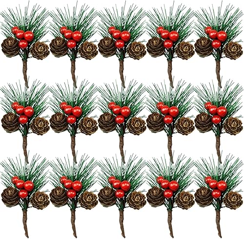 Miniatura 1 de SaktopDeco Piñas de pino de bayas rojas tallos de agujas de pino bayas pequeñas agujas de pino ramas para manualidades guirnalda de Navidad