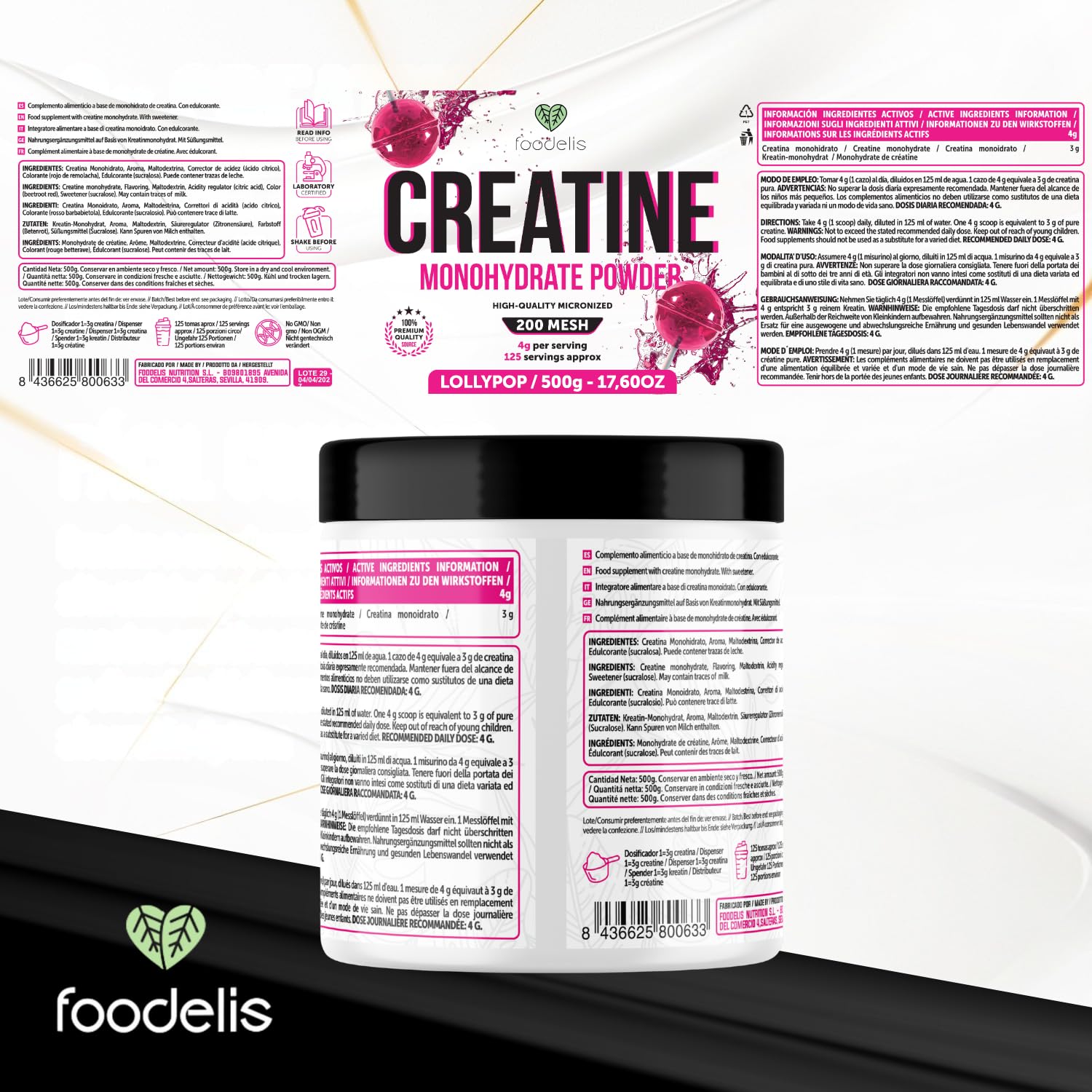 Foodelis Creatina Monohidratada en Polvo 500 g – Sabor Lollipop – 100% Creatina Micronizada – Alta Pureza – Sin Aditivos – Vegana – Alta Solubilidad – Incluye Dosificador