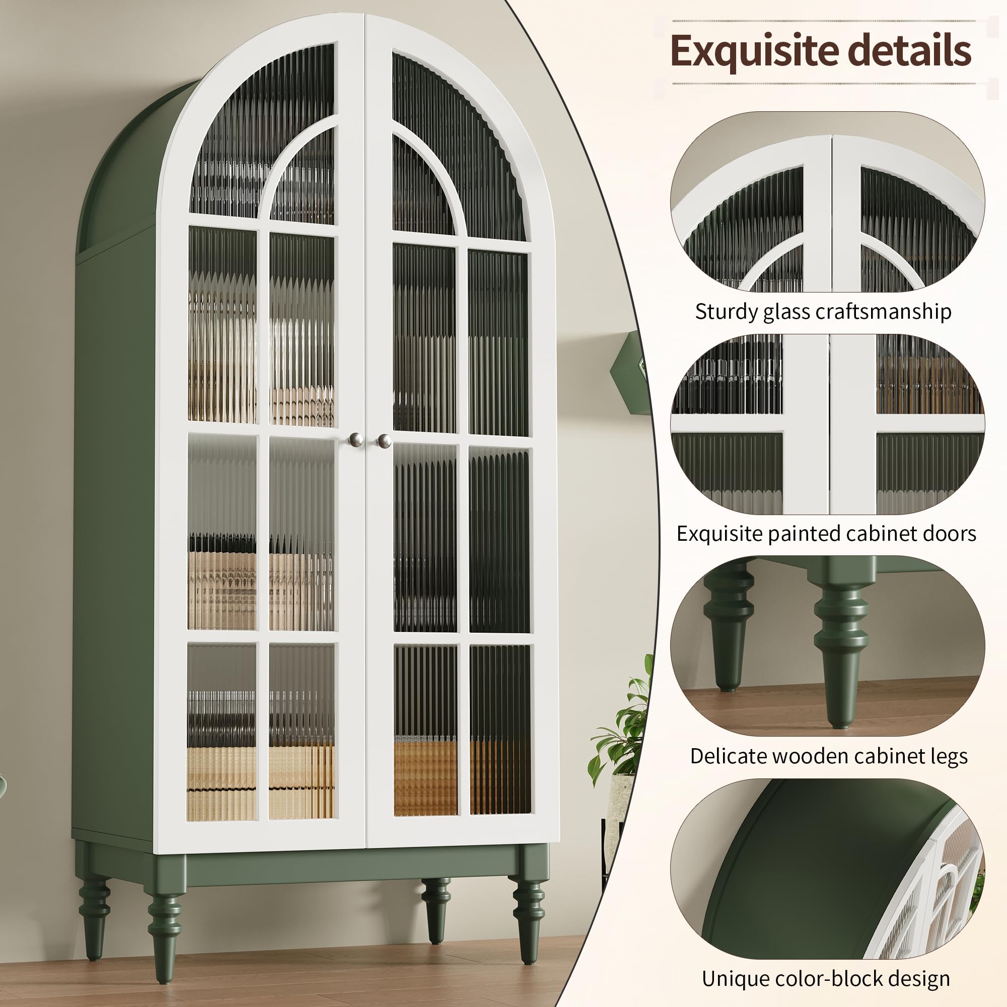 Vitrina arqueada 165 cm con puertas dobles de cristal estriado, 3 niveles, verde oscuro y blanco